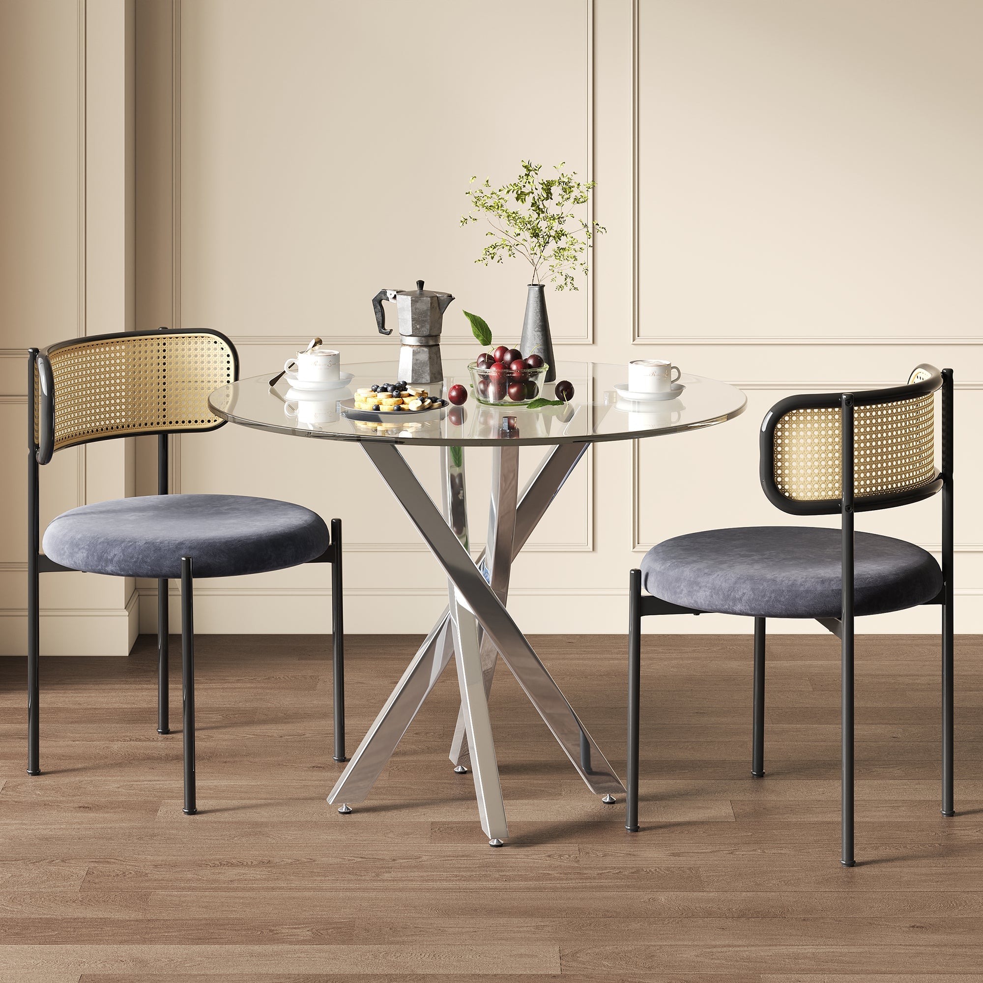 Logidon Dining Table Set Glass 80x80 cm Tempered Glass 2 Chairs Gray Silver