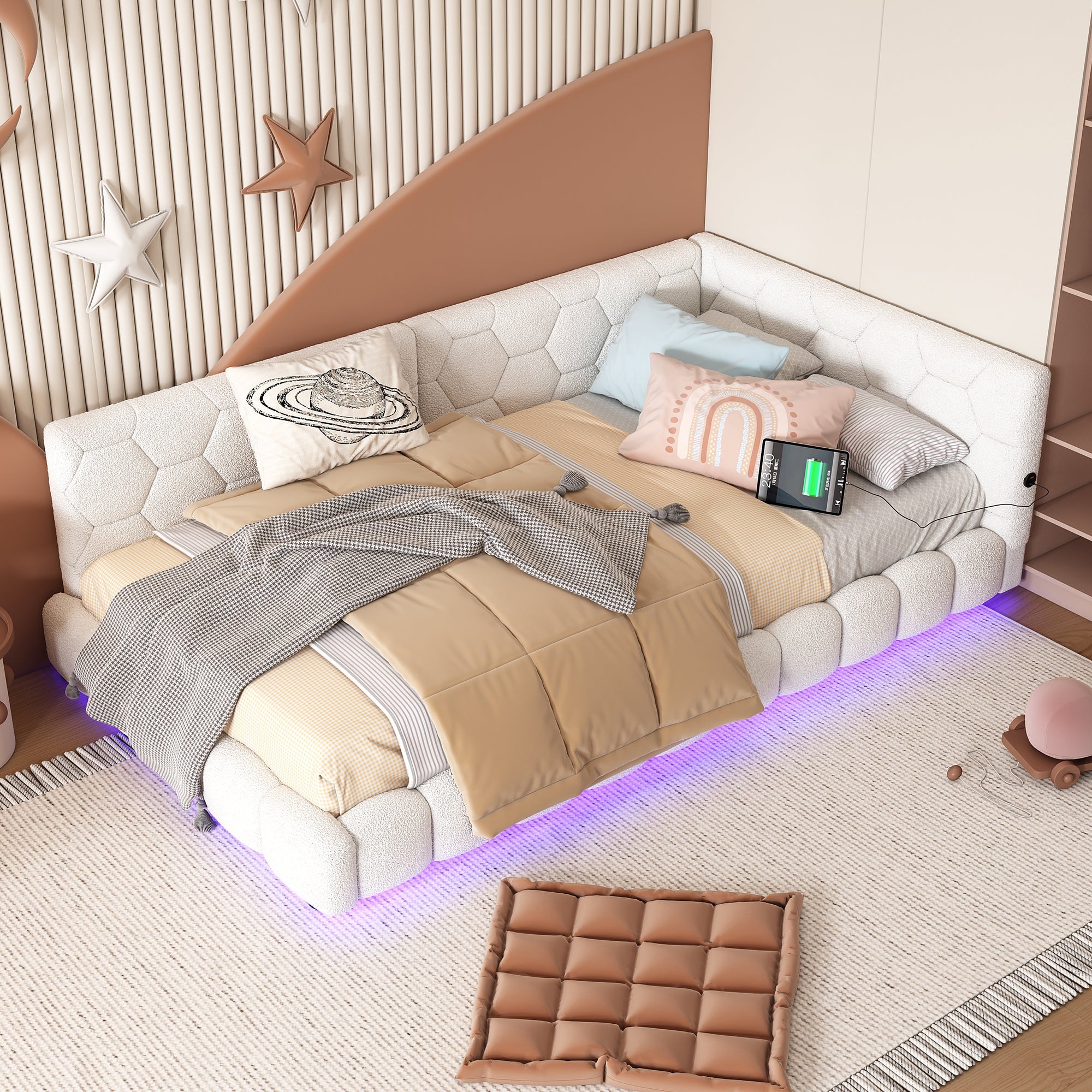Logidon Daybed 90x200 cm slaapbank wit fluweel lattenbodem USB C