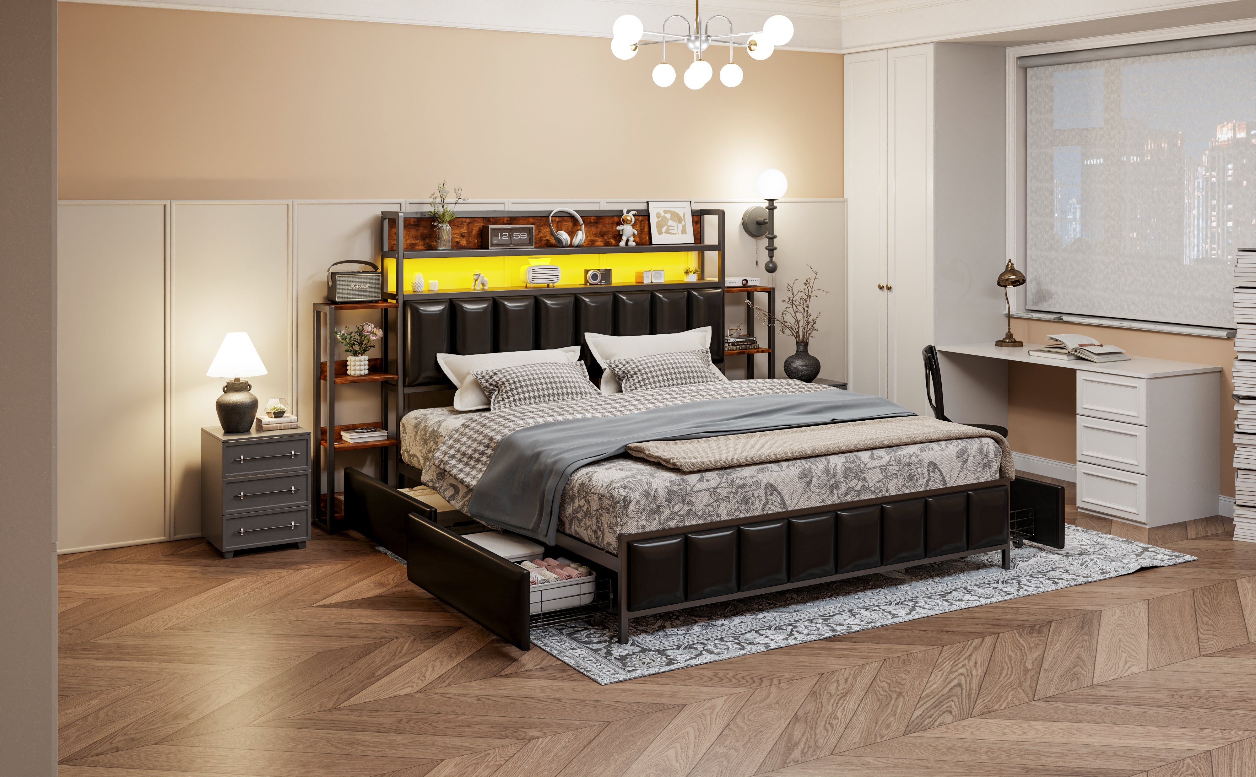 Logidon upholstered bed 160x200 cm with LED lighting storage space black