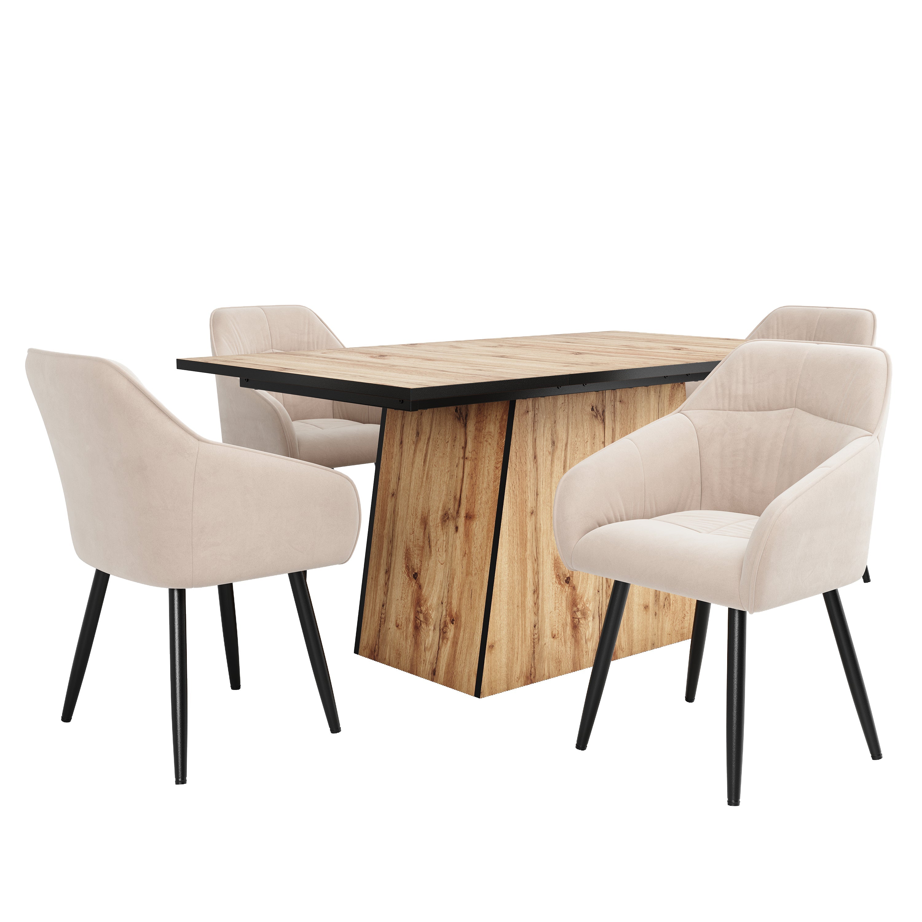 Logidon Dining Table Set 5-Piece Beige Velvet Chairs Wood Grain Table