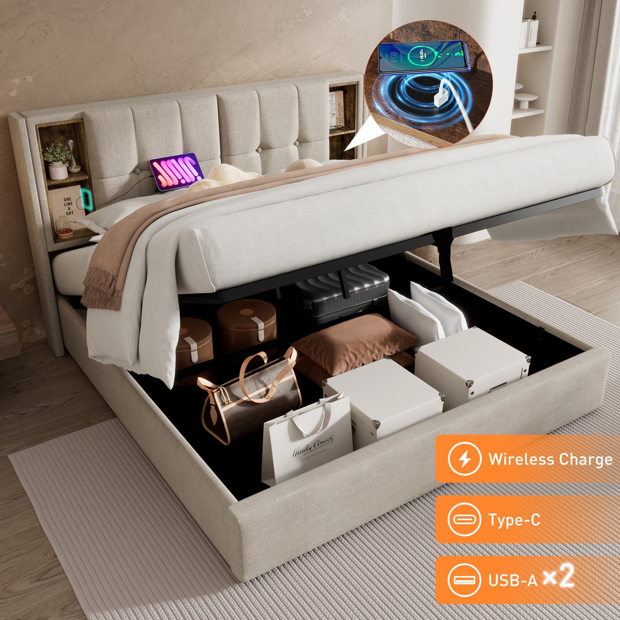Logidon tweepersoonsbed 140x200 draadloos opladen USB C opbergruimte linnengoed