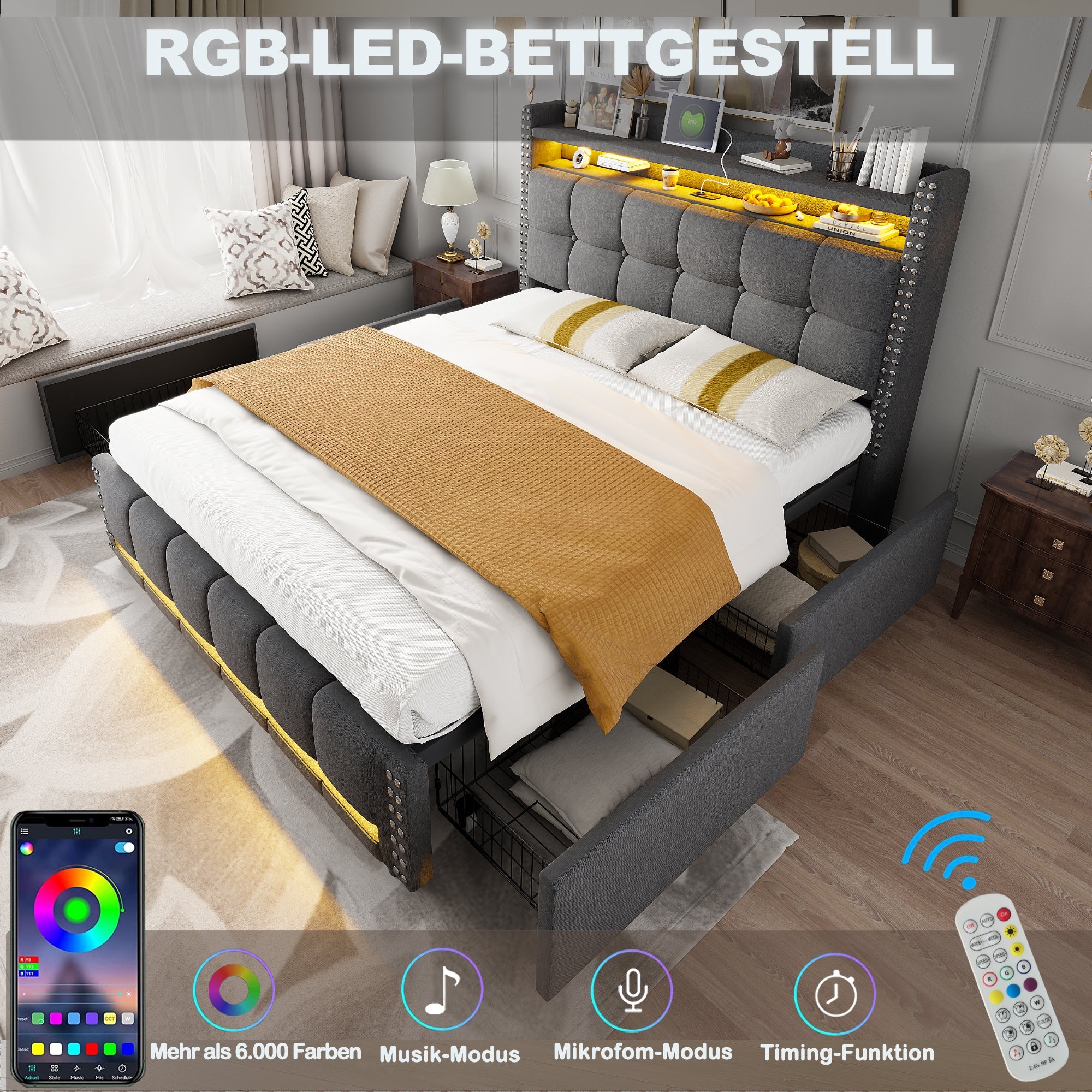 Logidon gestoffeerd bed 140x200 grijs met LED verlichting USB