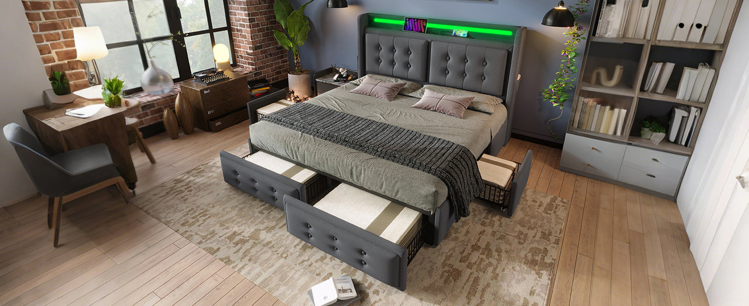 Logidon gestoffeerd bed 140x200 grijs met LED hoofdbord USB-C oplaadfunctie