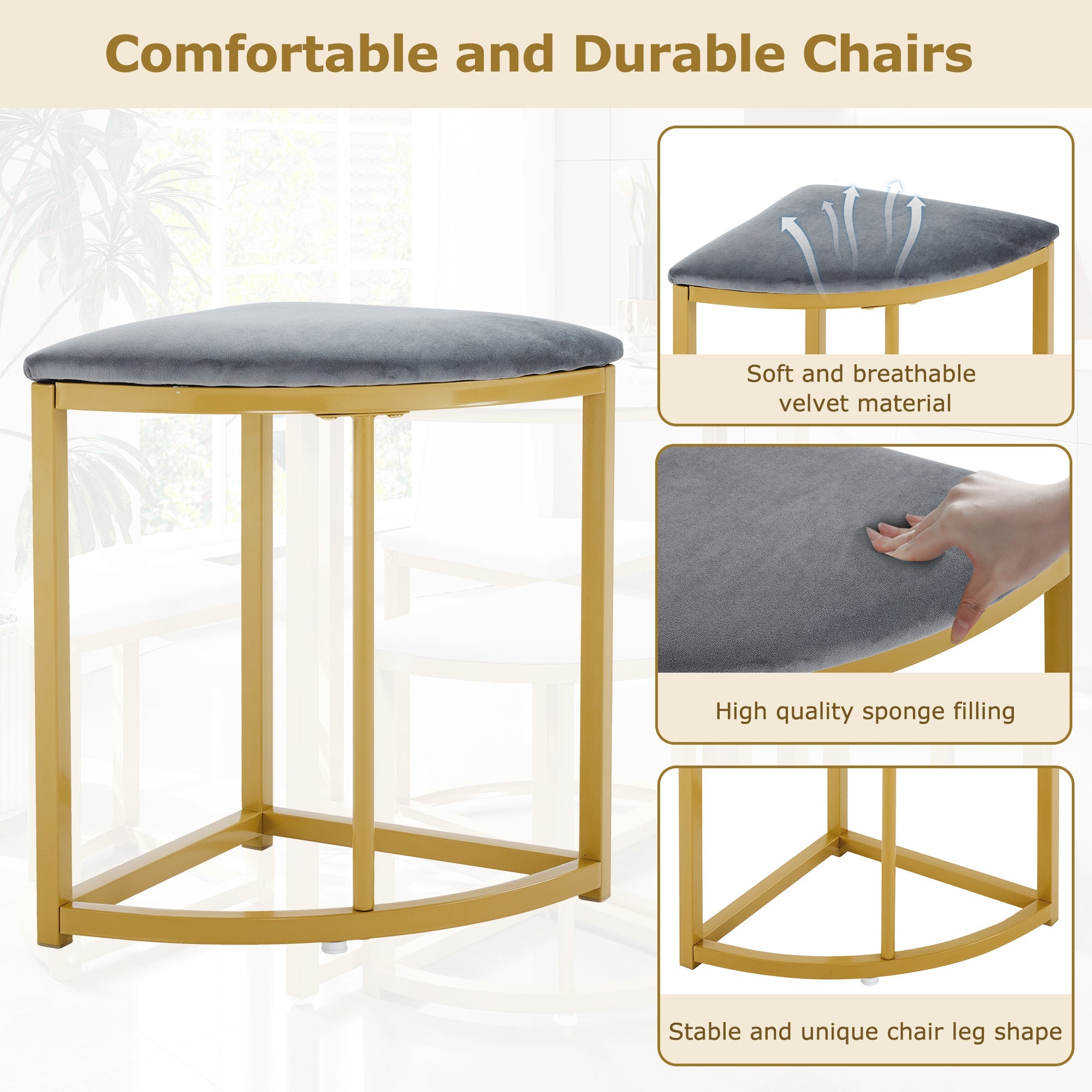Logidon eettafelset grijs fluweel, 80x80 cm, gouden frame, 4 stoelen