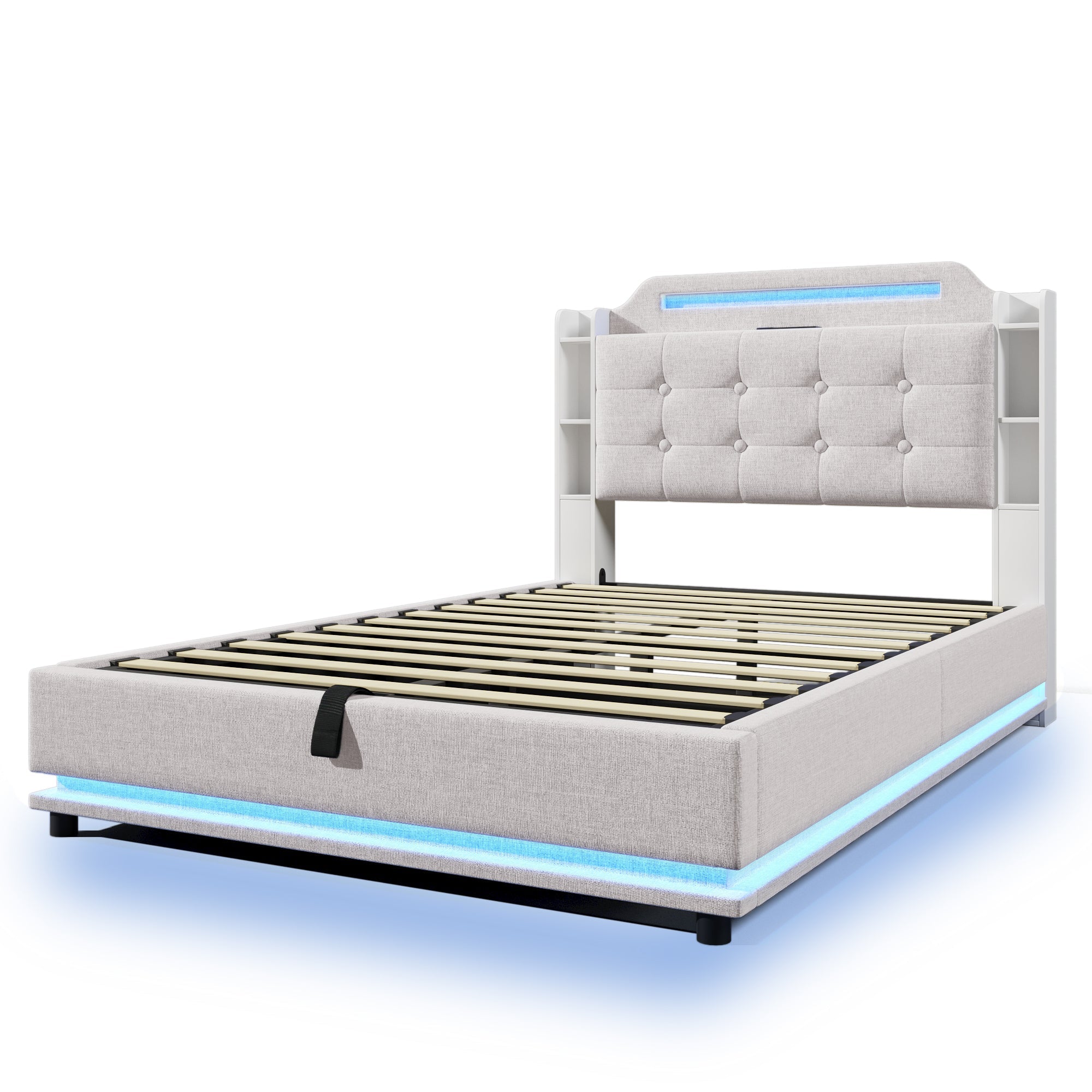 Logidon gestoffeerd bed 140x200 beige met LED lichtstrip en opbergruimte