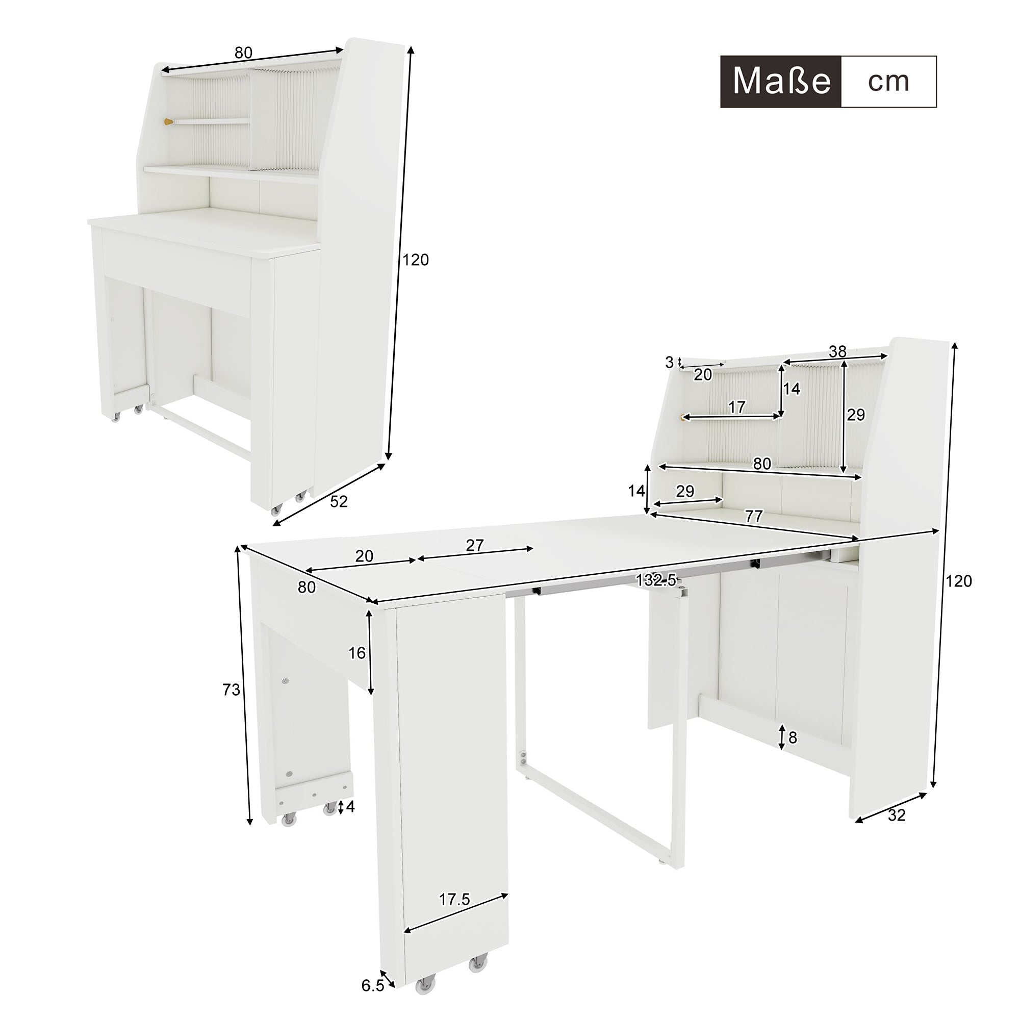 Logidon uitschuifbare eettafel met opbergruimte wit L52/132,5 B80 H76 cm