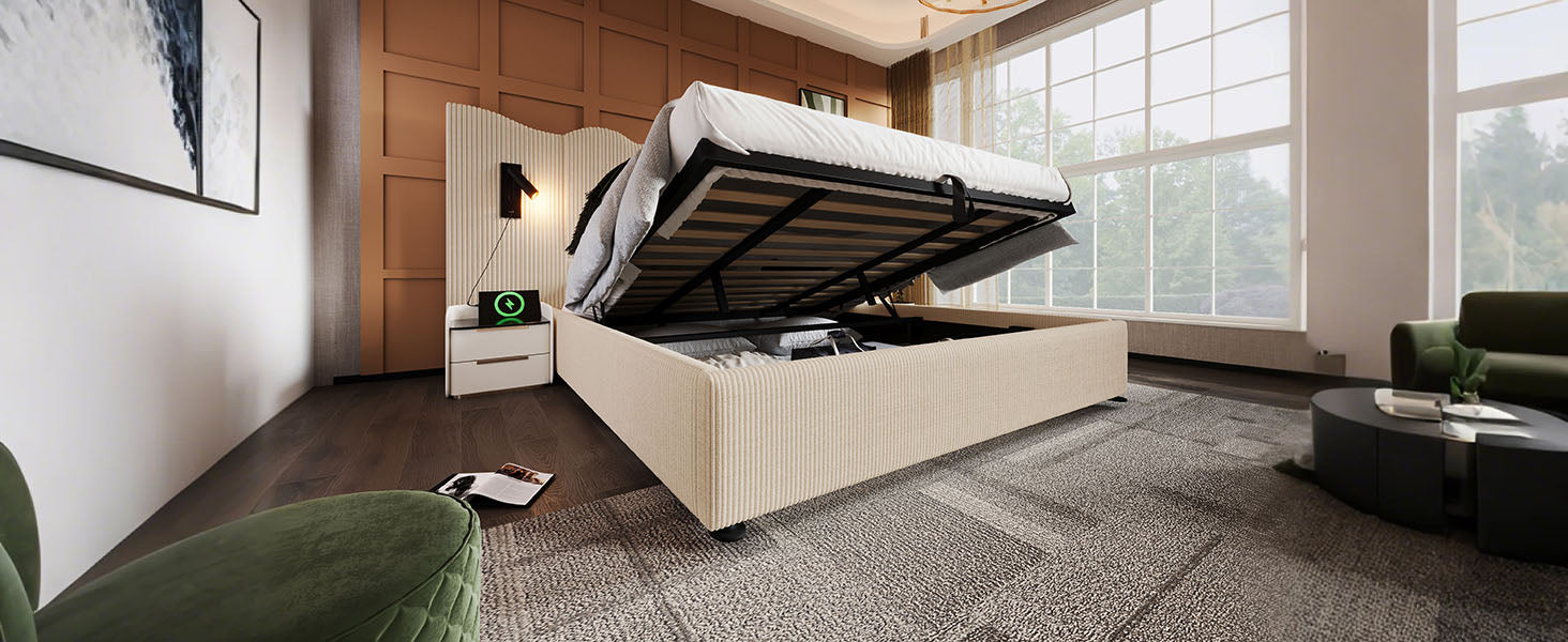 Logidon gestoffeerd bed tweepersoonsbed 180x200 beige-wit leeslamp USB-C opladen