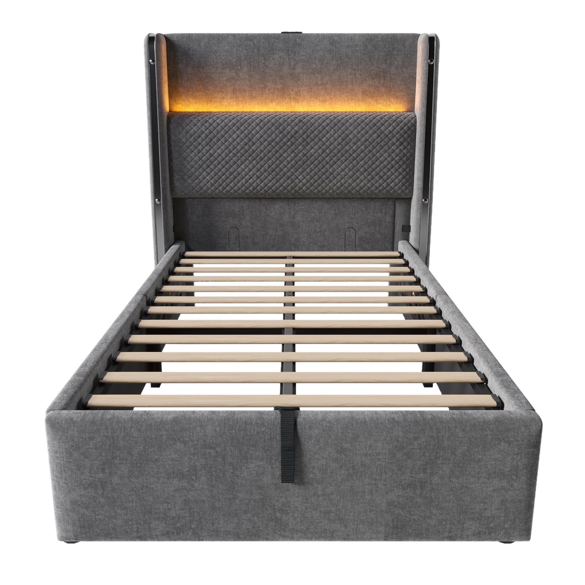 Logidon hydraulisch bed 90x200 grijs linnenlook met opbergruimte LED