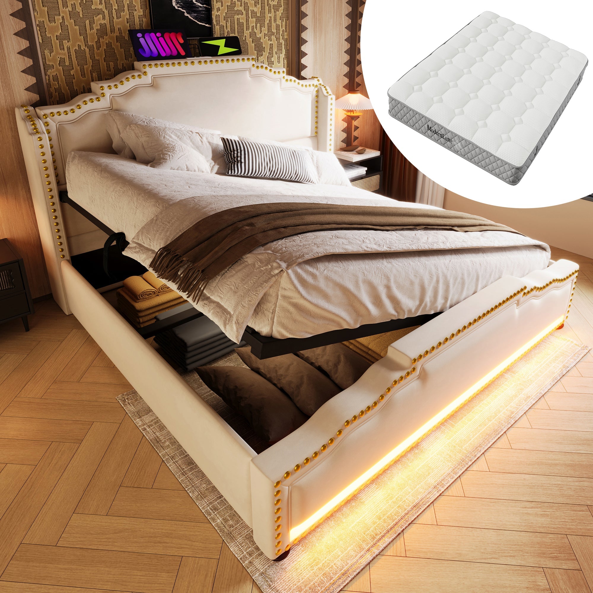 Logidon gestoffeerd bed 140x200 tweepersoonsbed hydraulische opbergruimte LED beige
