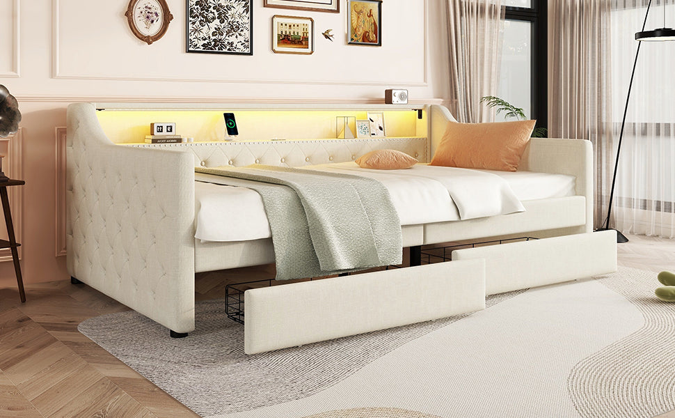 Logidon Daybed 90x200 beige slaapbank met lattenbodem USB-oplaadaansluiting