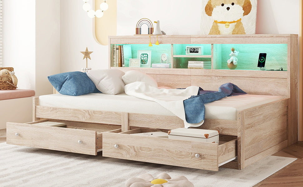 Logidon Daybed 90x200cm slaapbank met sfeerverlichting USB naturel