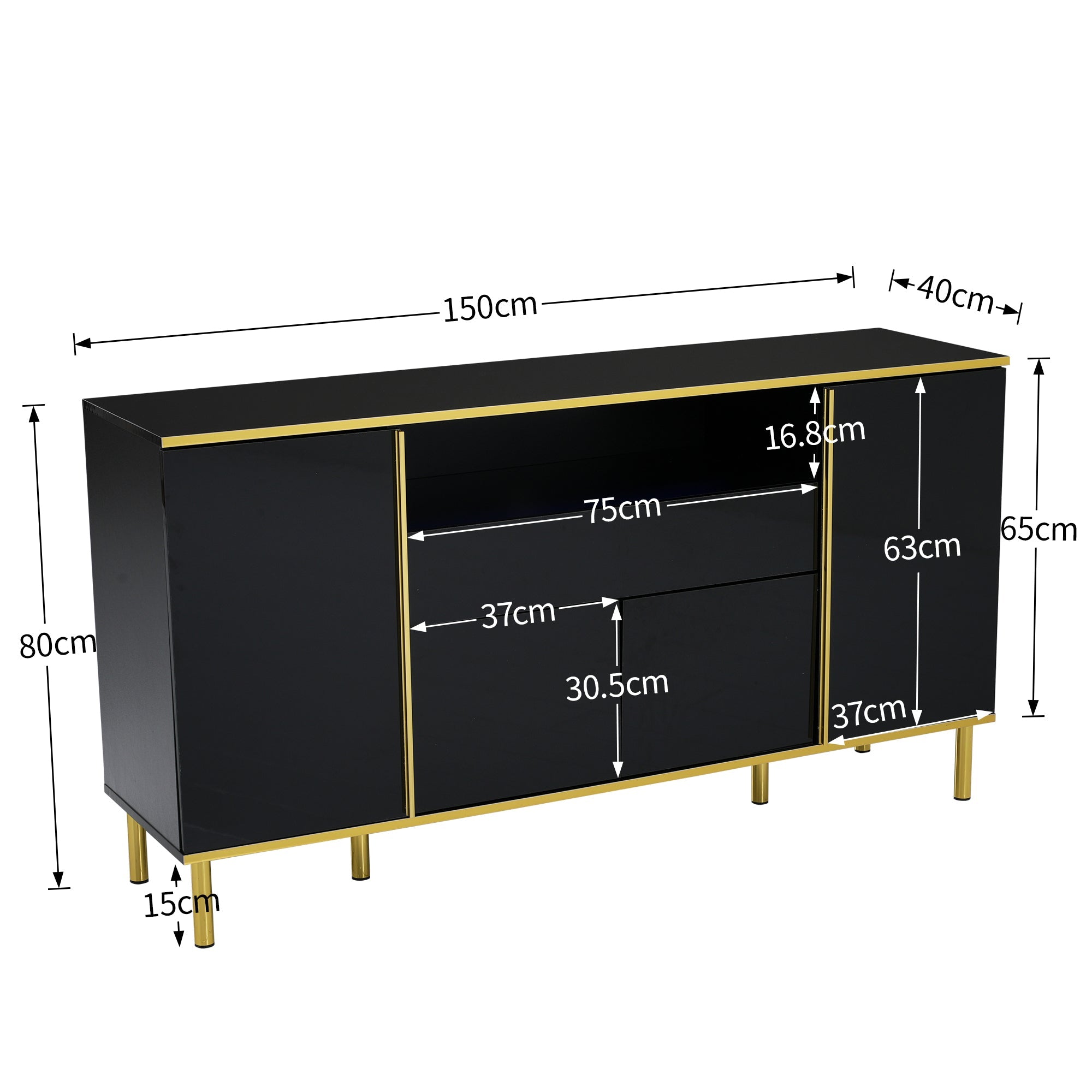 Logidon hoogglans dressoir zwart 150x40x80 met LED accenten