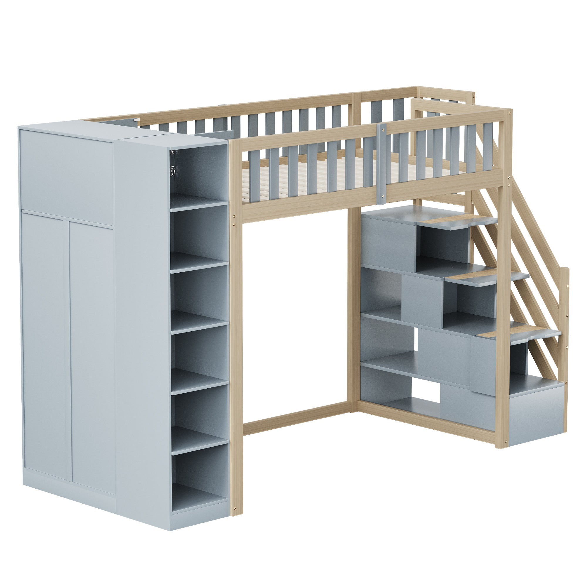 Logidon hoogslaper 90x200 multifunctioneel grijs natuurlijk hout met planken