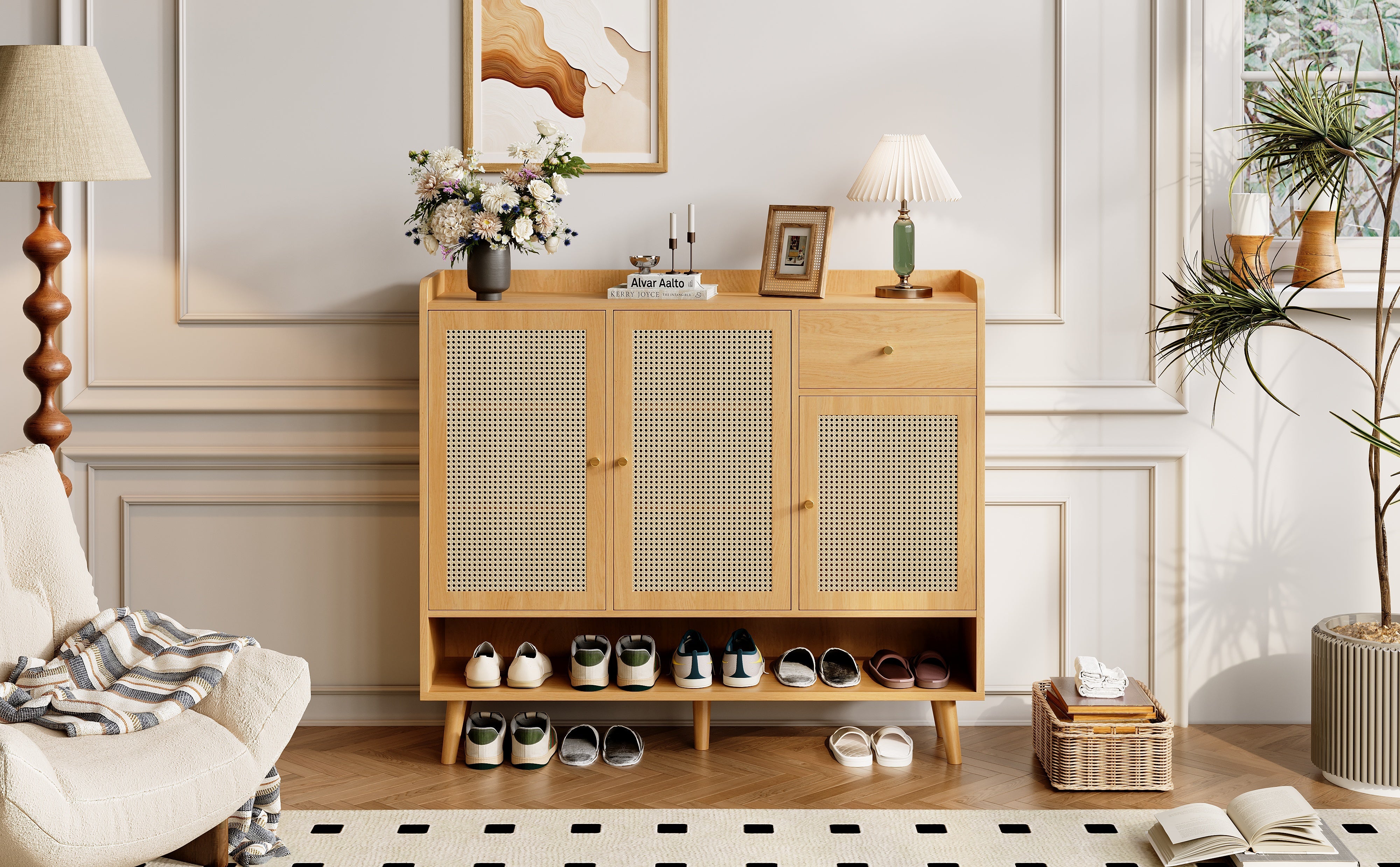 Logidon schoenenkast naturel rotan 120x35x106 met 3 deuren 1 lade