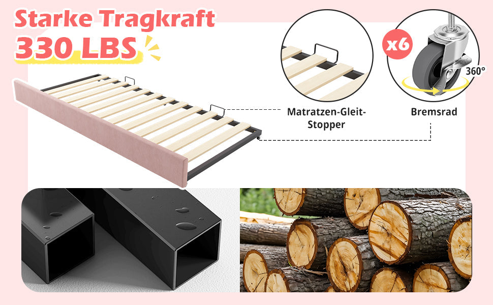 Logidon gestoffeerd dagbed 90x190 roze met uitschuifbaar bed