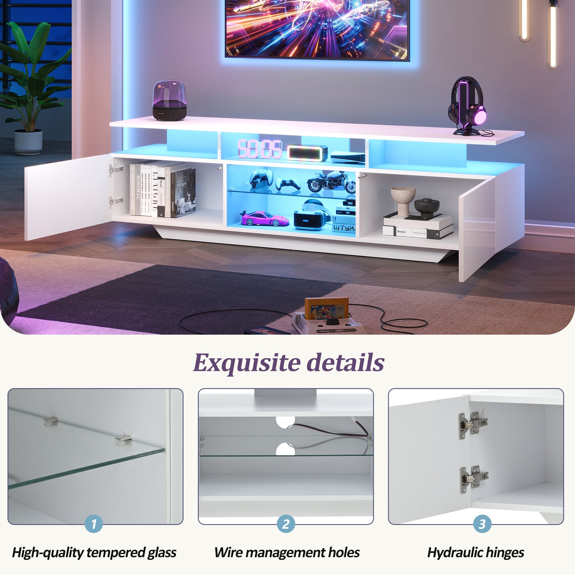 Logidon TV-meubel hoogglans wit 160 x 40 x 45 cm met LED lichtstrip glasplanken