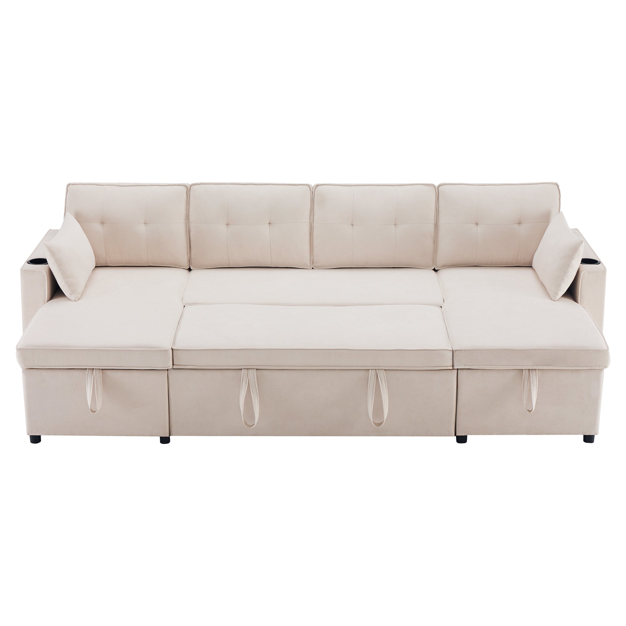 Logidon U-vormige slaapbank, beige stof, grote 4-zits bekerhouder