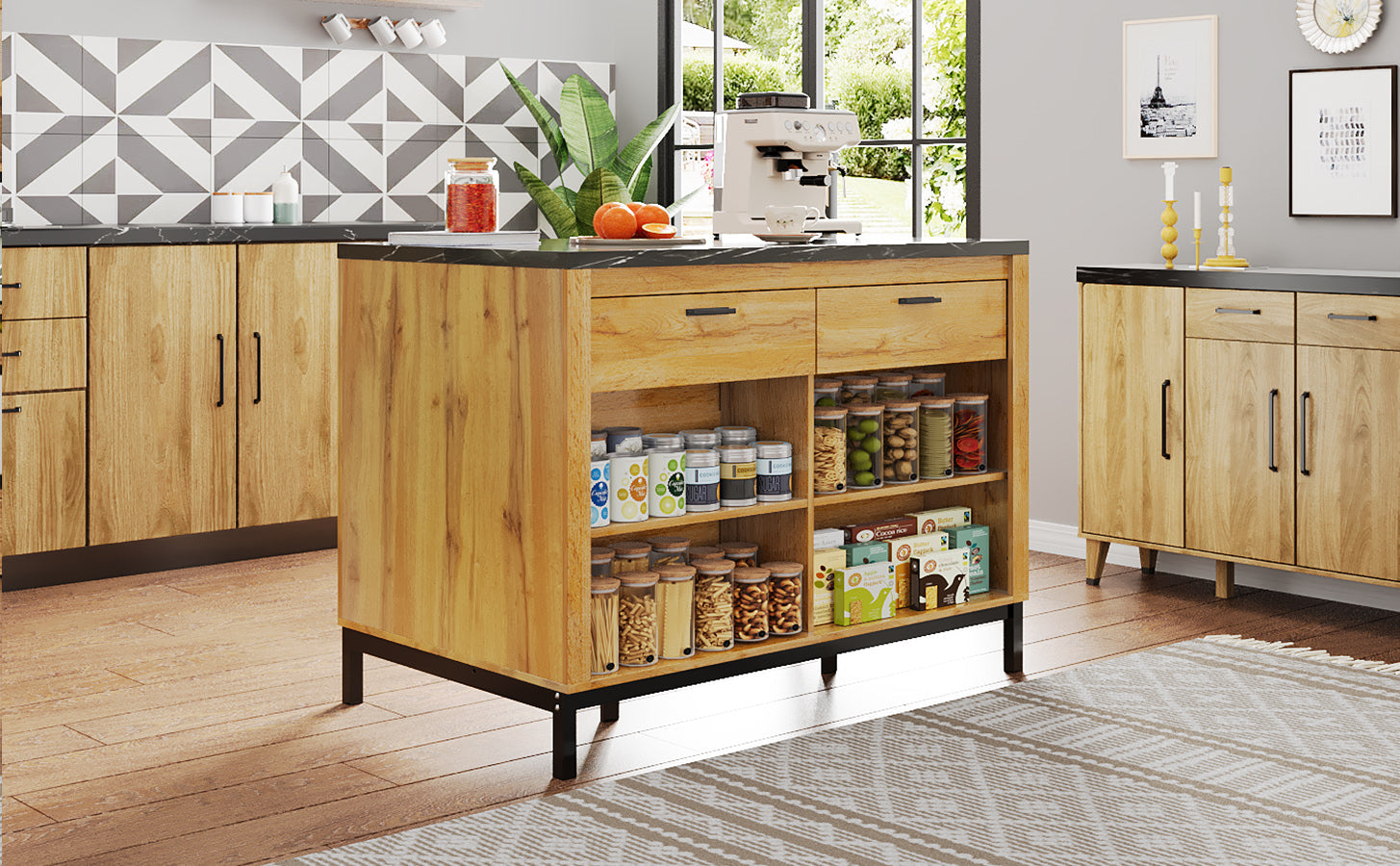 Logidon kitchen island country house style 120x75x90 cm with 2 drawers and 4 shelves