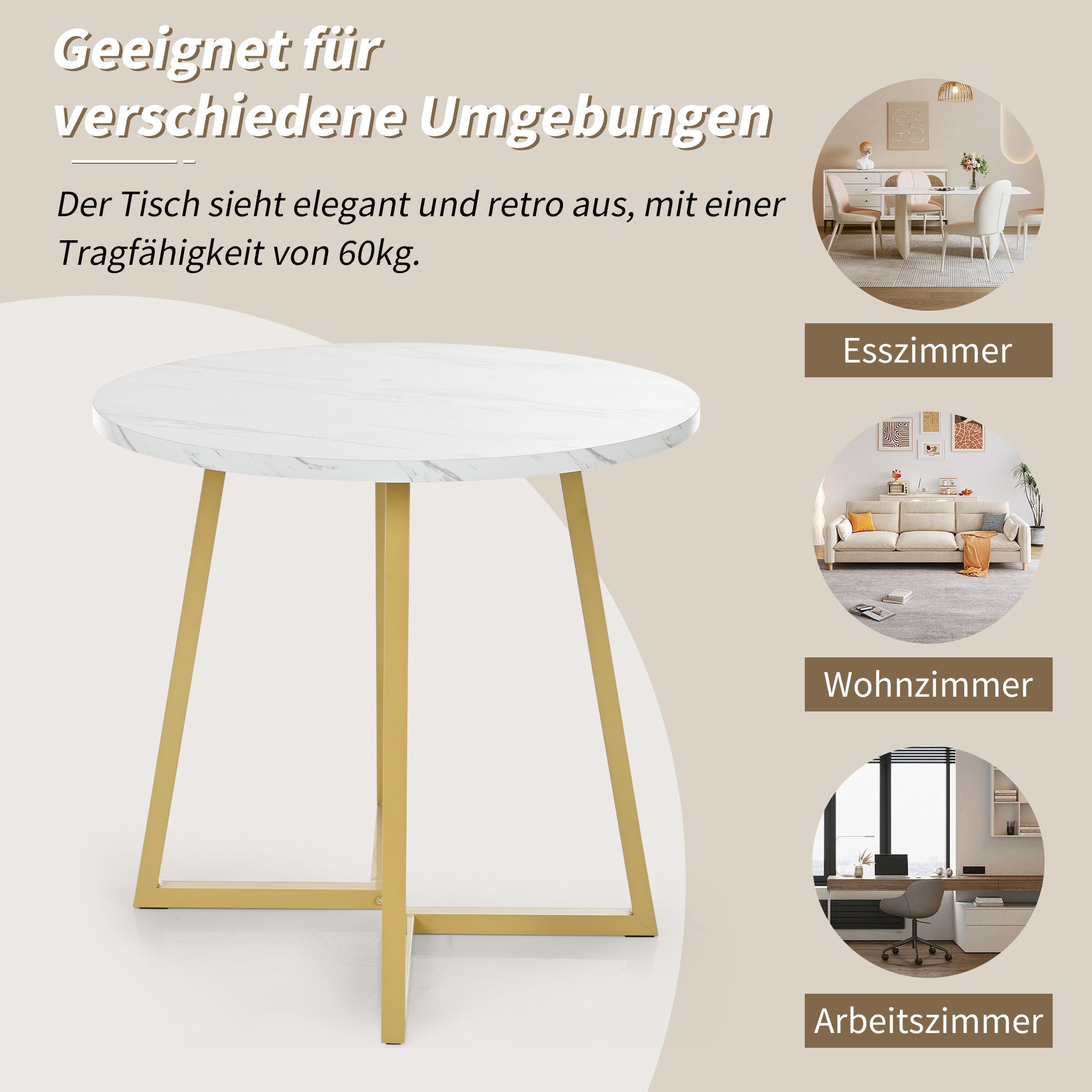 Logidon Ronde Eettafel Wit Marmeren Textuur Goud Frame 80 cm
