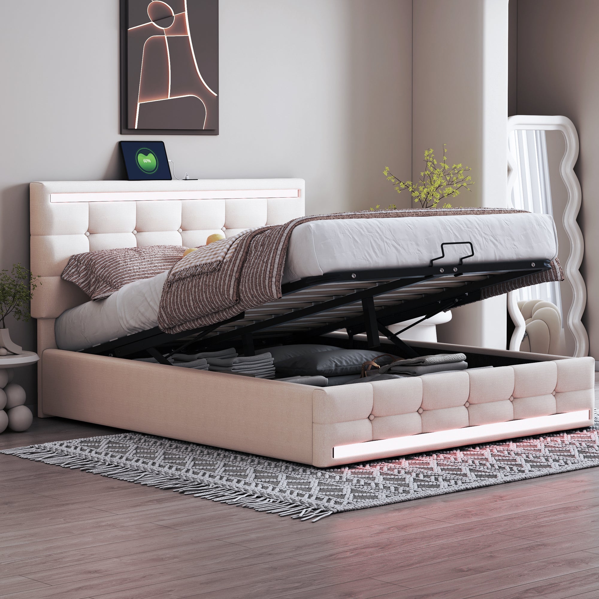 Logidon gestoffeerd bed 140x200 beige met LED verlichting en opbergruimte