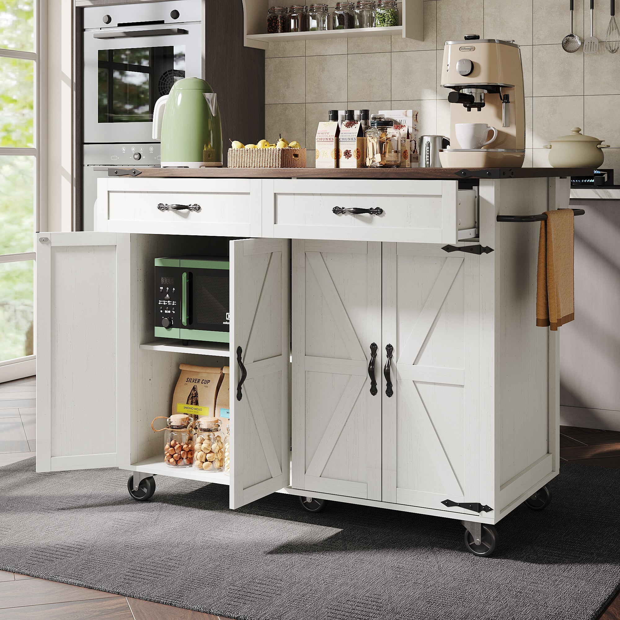 Logidon Kitchen Island With Extendable Worksheet Beige On Wheels