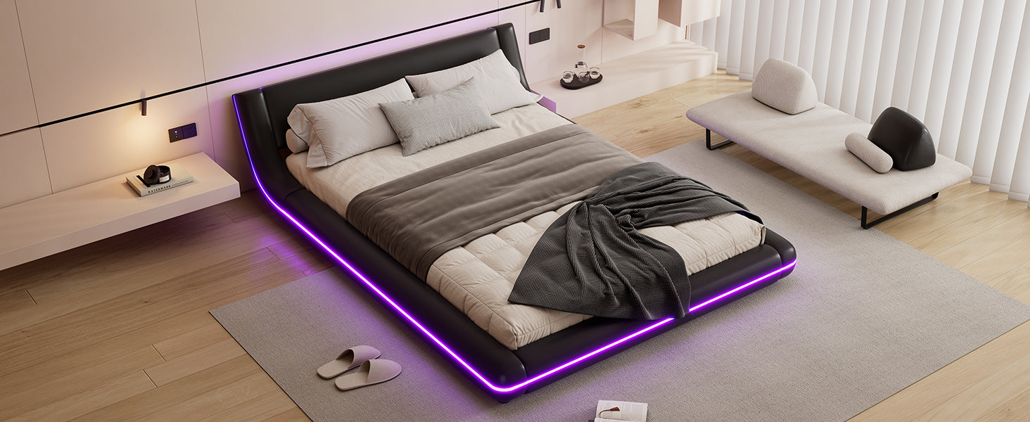 Logidon flat bed 140x200 cm faux leather black LED lighting