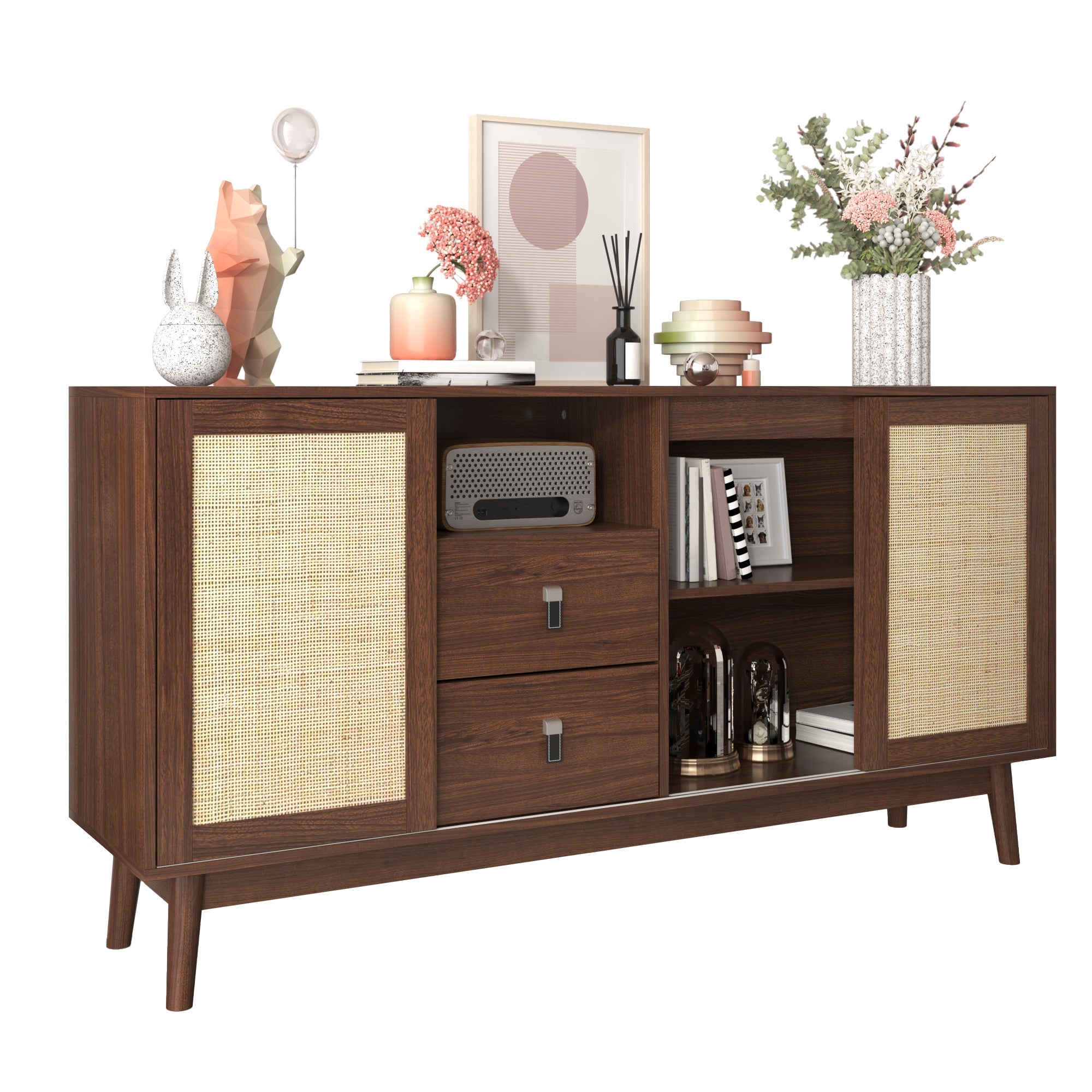 Logidon dressoir met rotan schuifdeuren en 2 lades 155x38x80 cm
