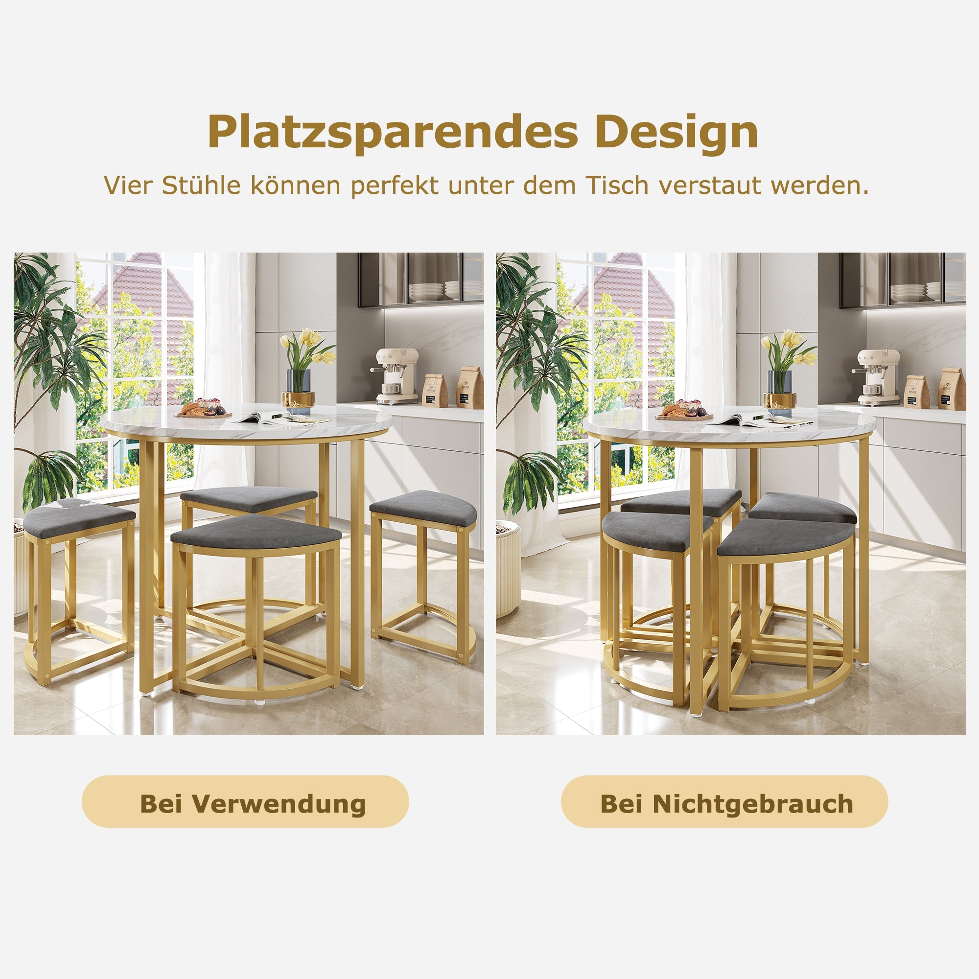 Logidon eettafelset grijs fluweel, 80x80 cm, gouden frame, 4 stoelen
