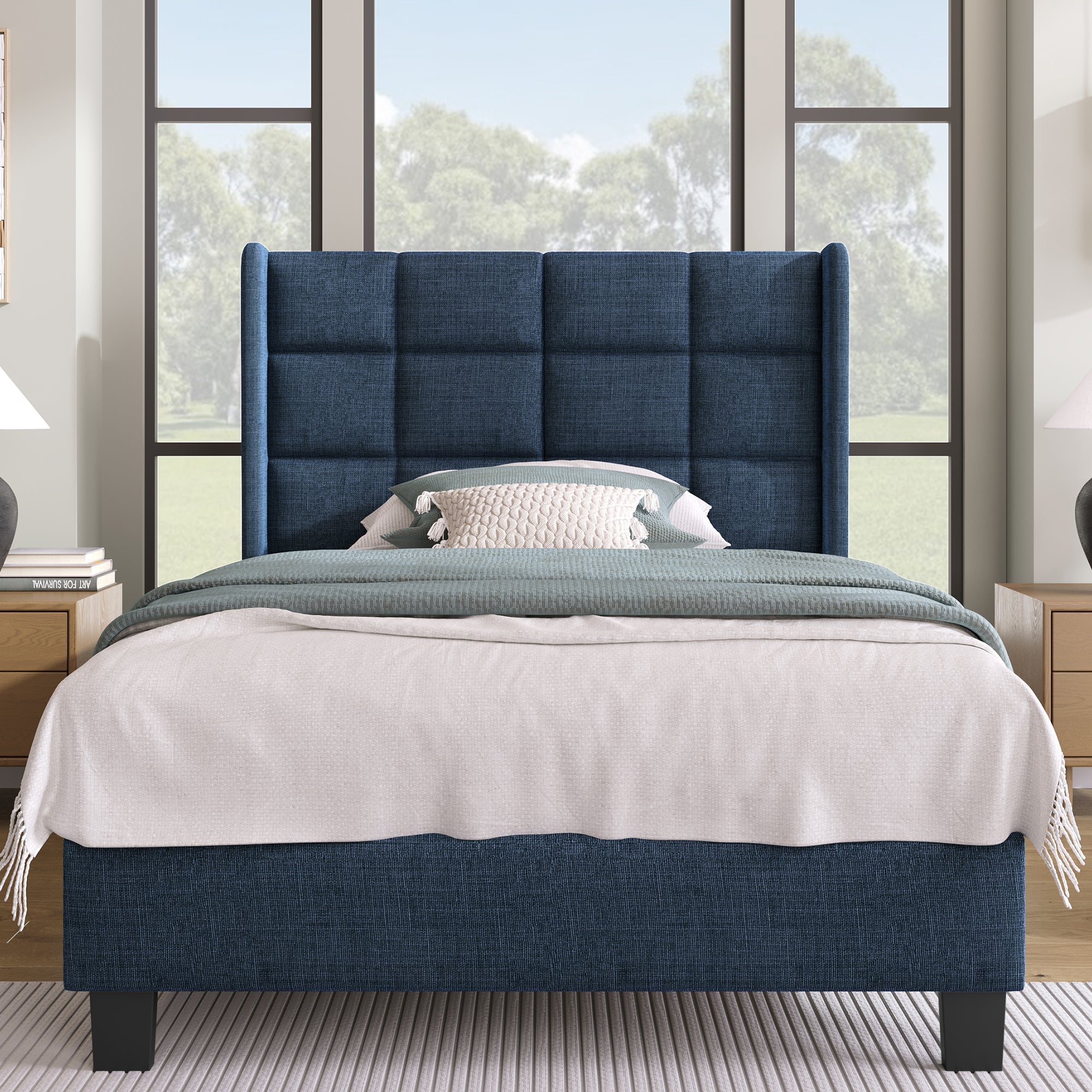 Logidon gestoffeerd bed 90x200 blauw linnen met gecapitonneerd hoofdeinde