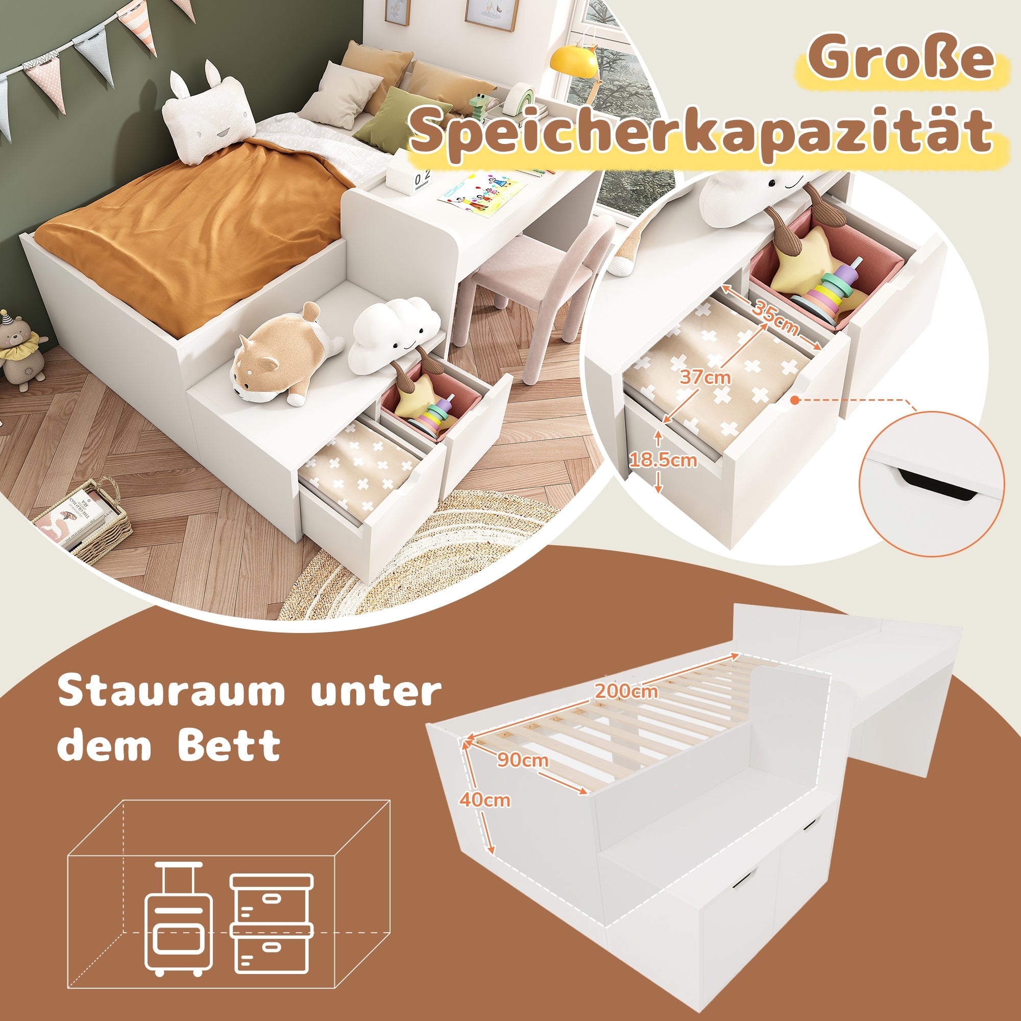 Logidon kinderbed 90x200 massief hout wit met bureau en opbergruimte