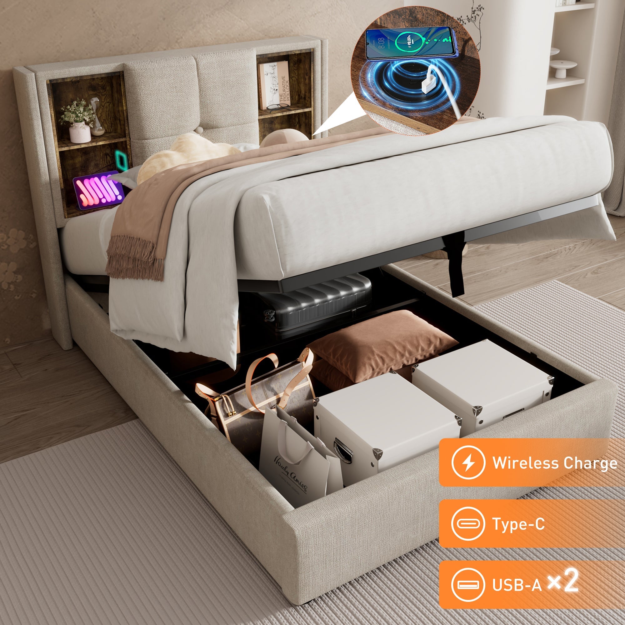 Logidon single bed 90x200 with wireless charging USB-C and storage space