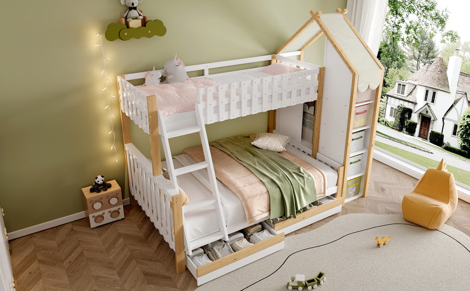 Logidon stapelbed 90x200 en 140x200 wit naturel met 2 lades