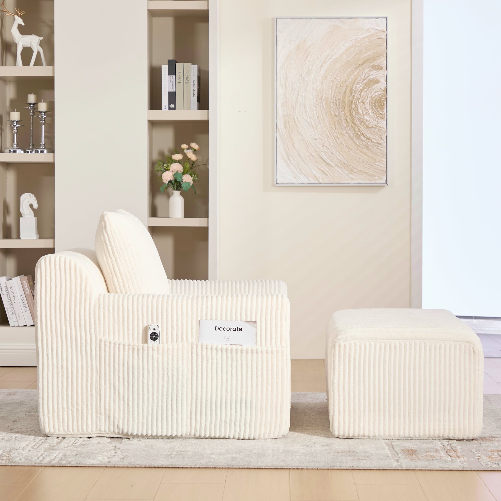 Logidon Oversized Corduroy Velvet Armchair Beige with Footstool and Cushion