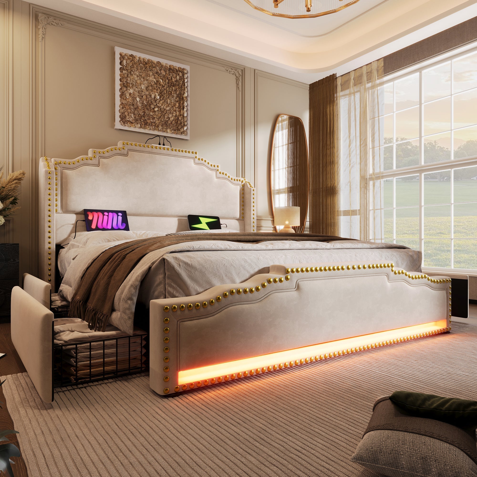 Logidon gestoffeerd bed 140x200 beige met 4 lades LED USB-C