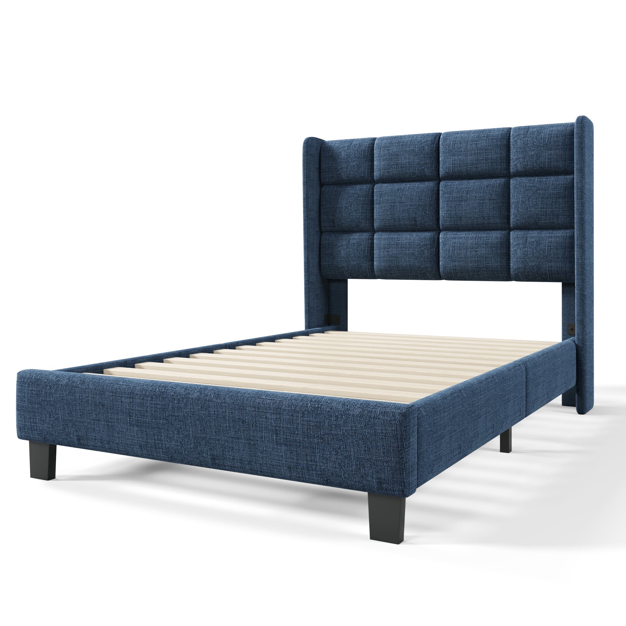 Logidon gestoffeerd bed 90x200 blauw linnen met gecapitonneerd hoofdeinde