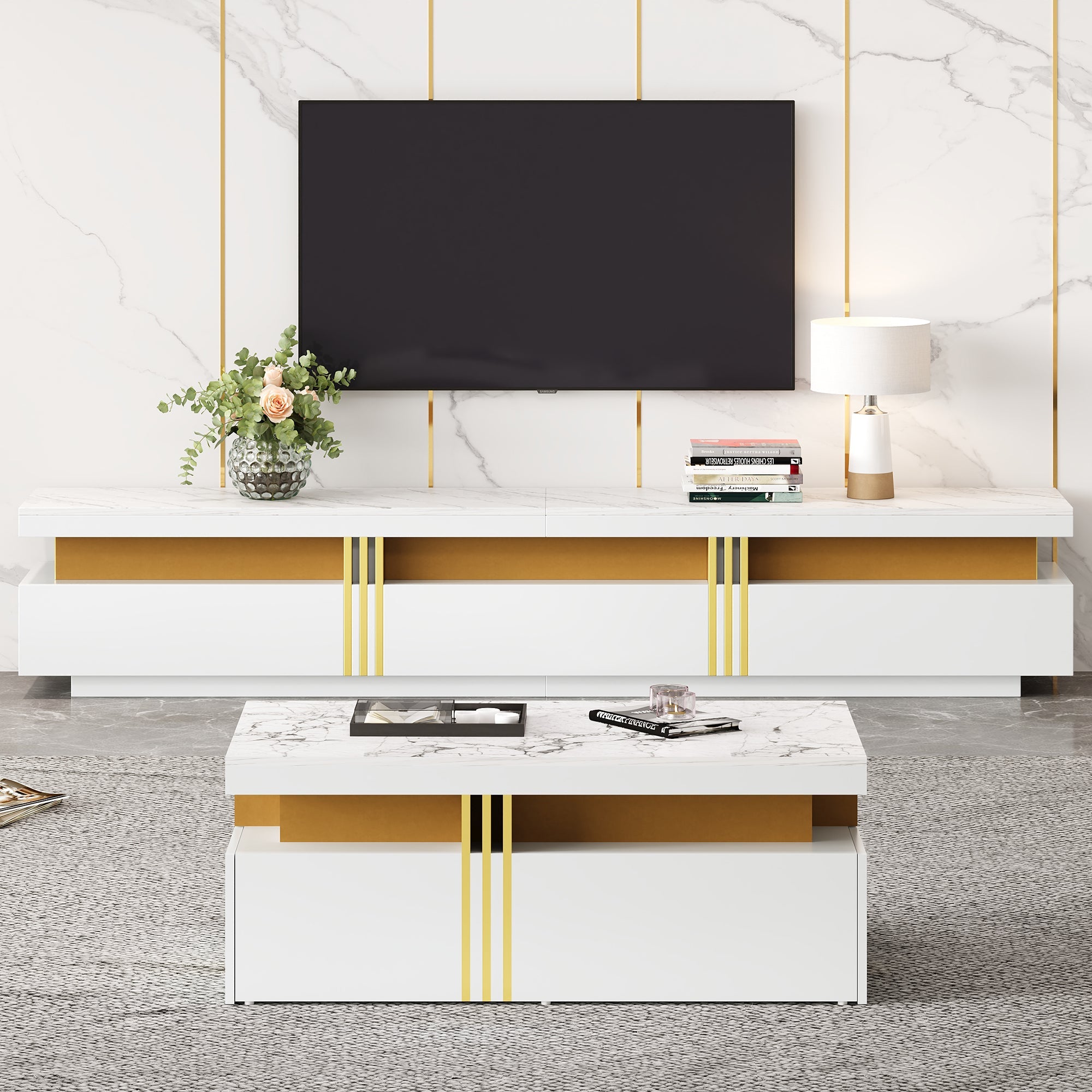 Logidon TV wandkastenset wit goud strepen multifunctioneel