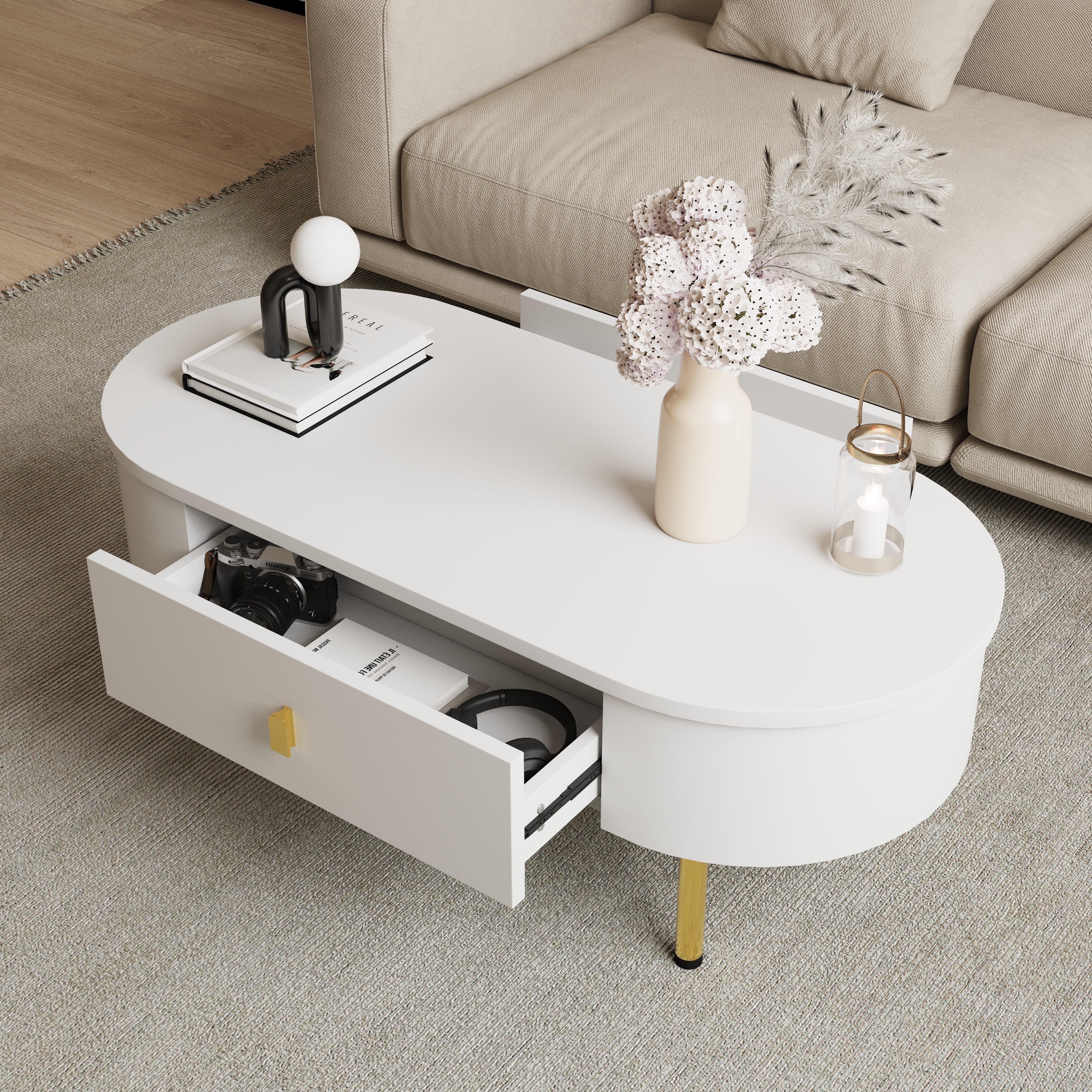 Logidon White Coffee Table With Two Drawers And Gold Handles