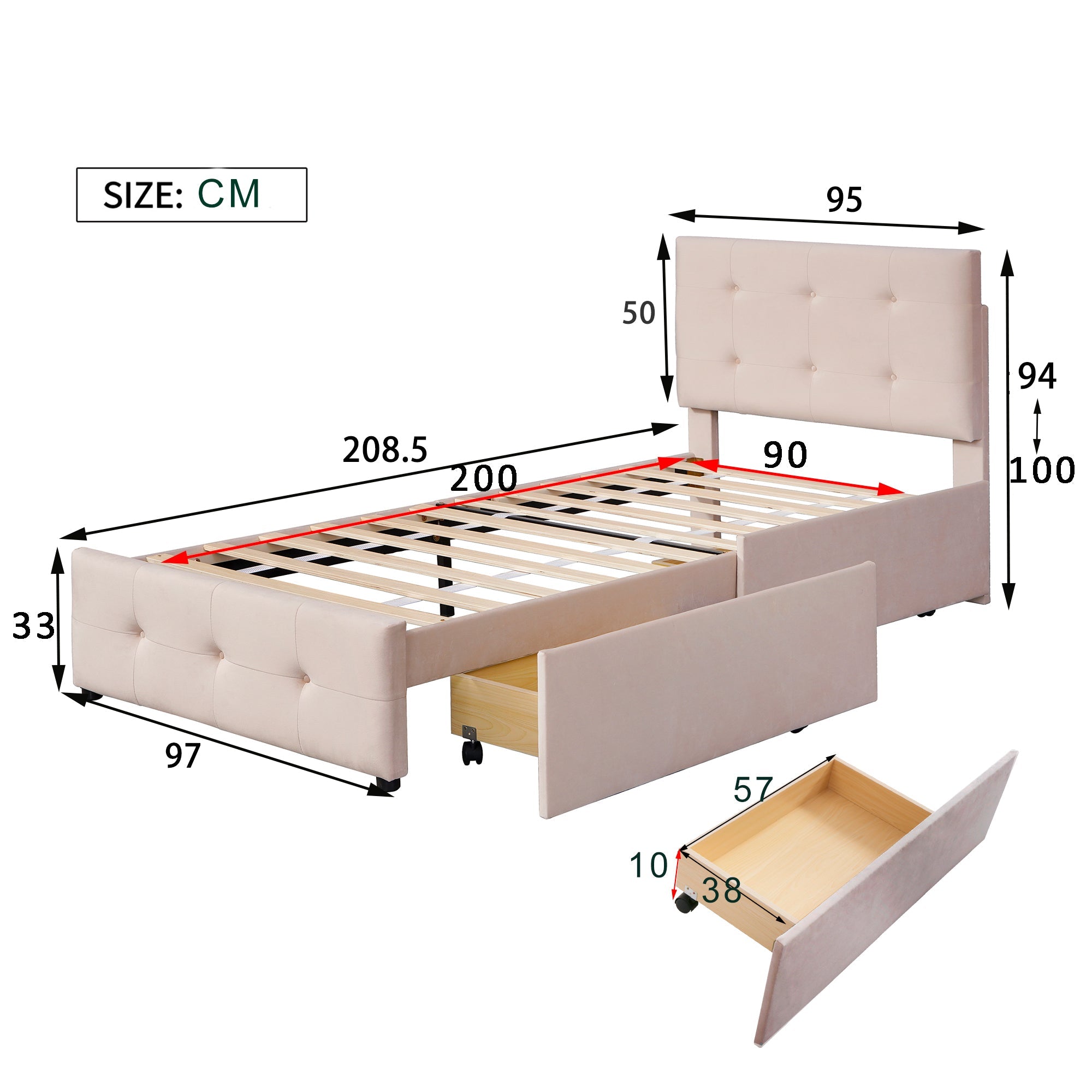 Logidon gestoffeerd bed 90x200 beige met lattenbodem en twee lades