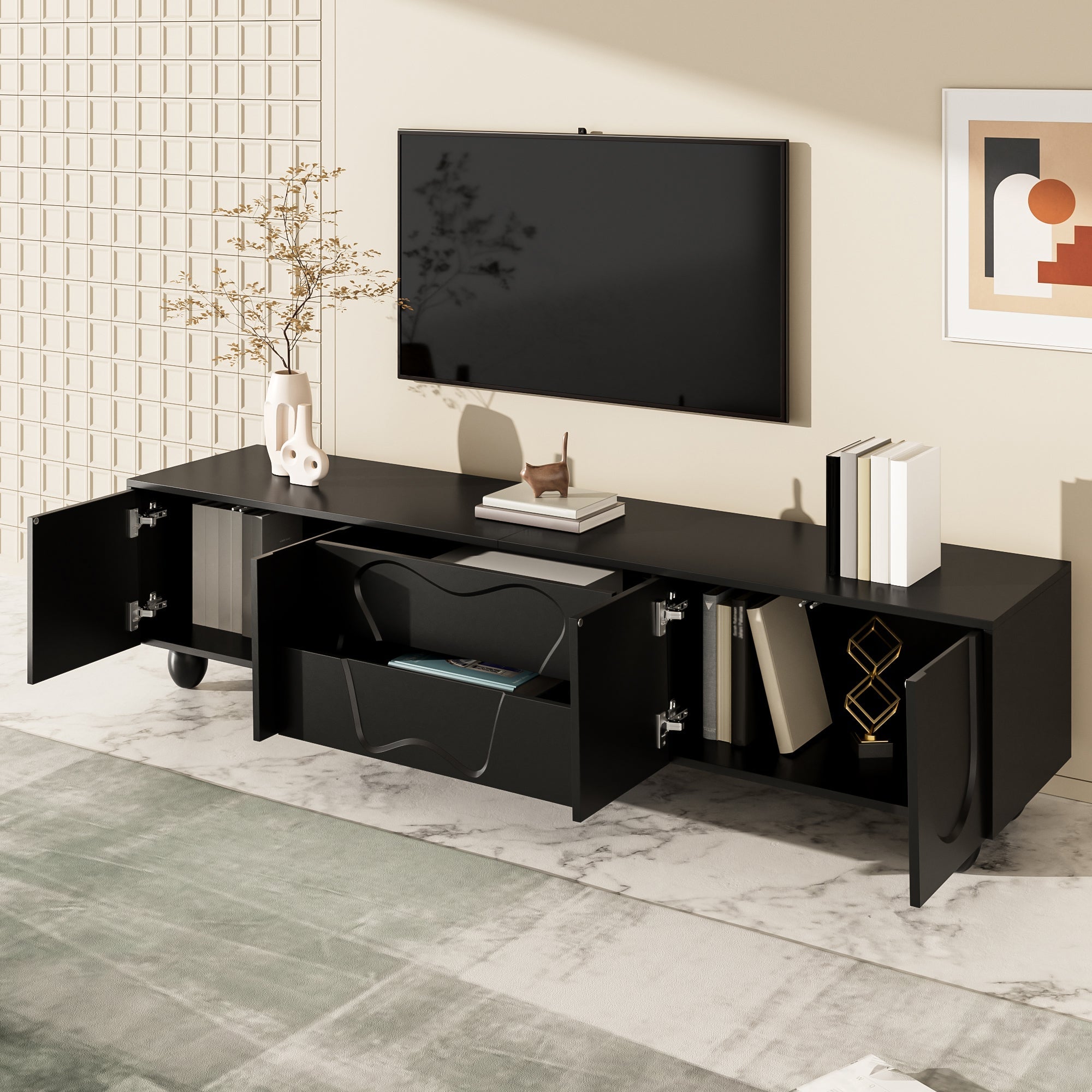 Logidon TV-meubel 180 cm Zwart Modern Kast met Houten Poten