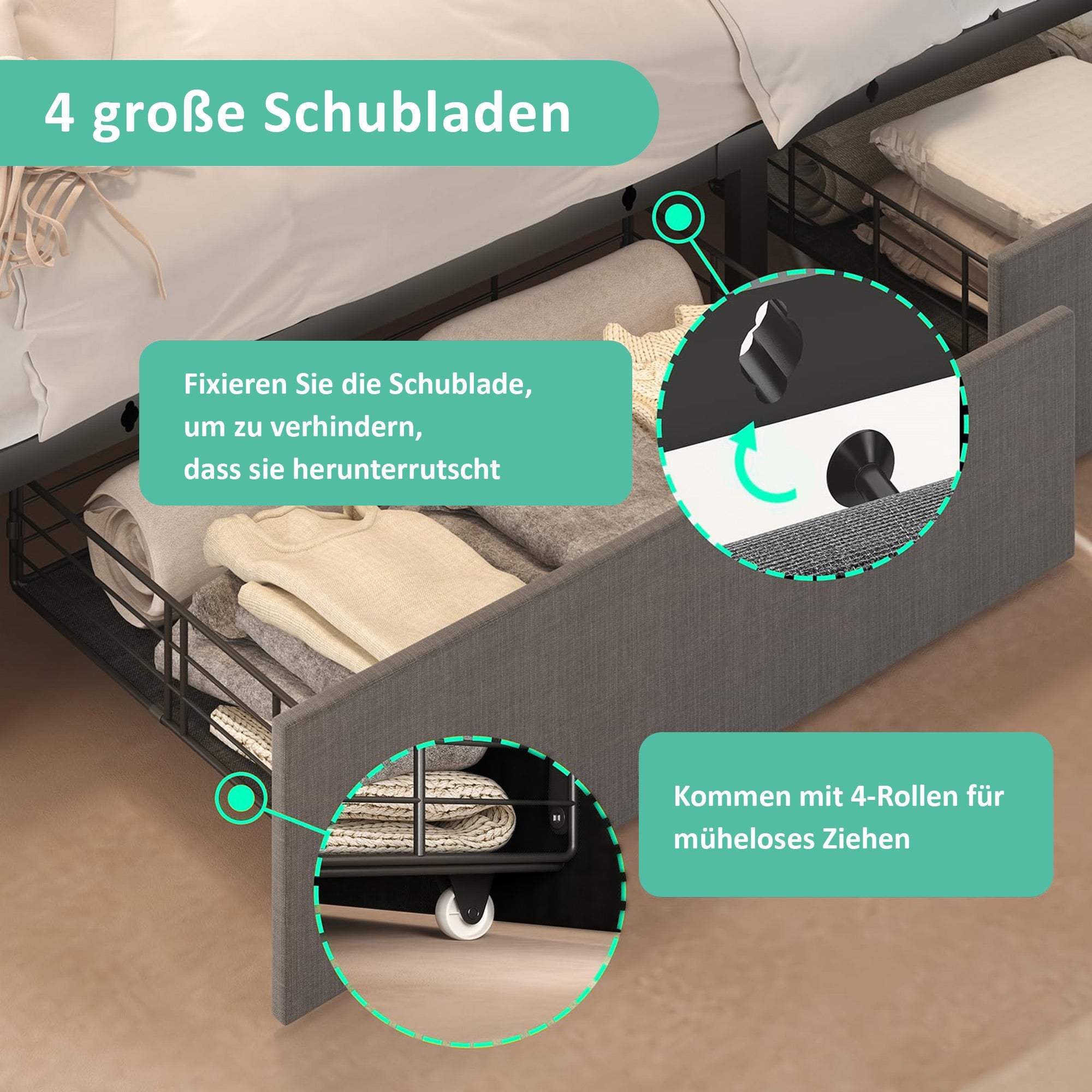 Logidon gestoffeerd bed 140x200 met USB C LED verlichting 4 vakken grijs