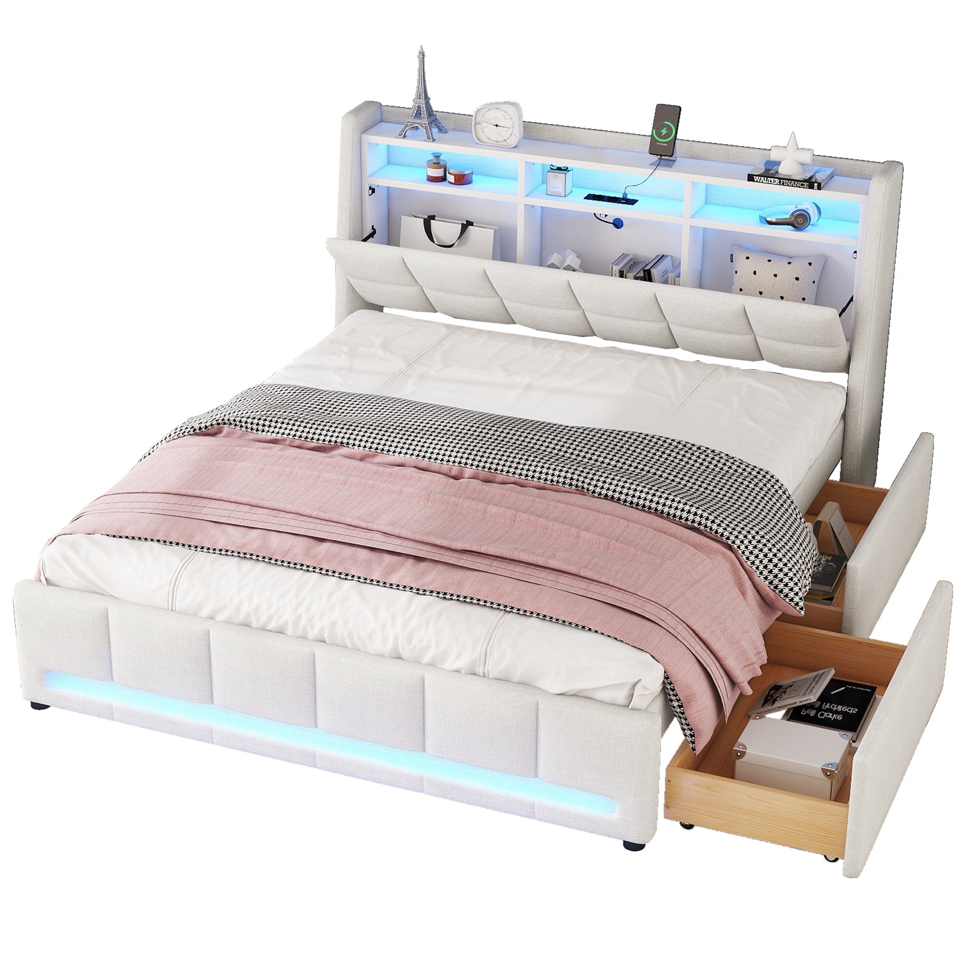 Logidon gestoffeerd bed 160x200 cm beige linnen met LED app bediening