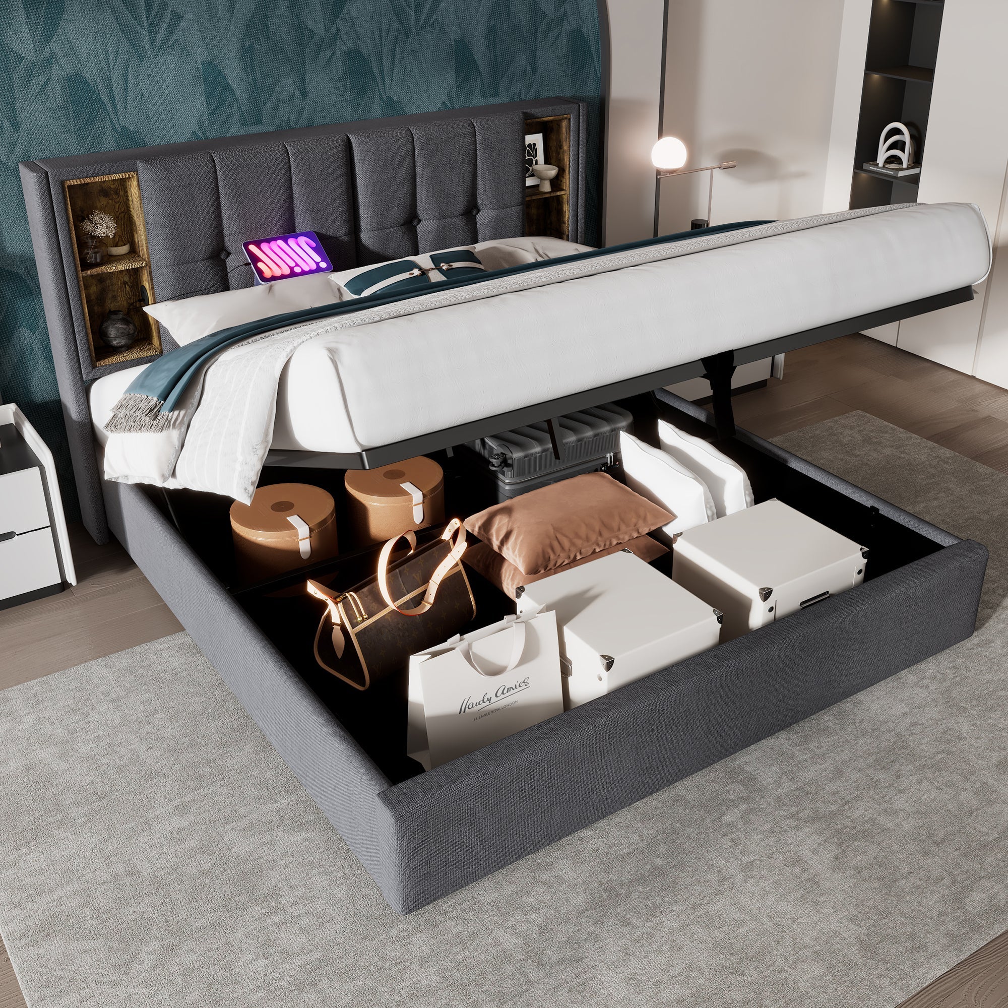 Logidon tweepersoonsbed 160x200 cm met draadloos opladen USB C gestoffeerd bed