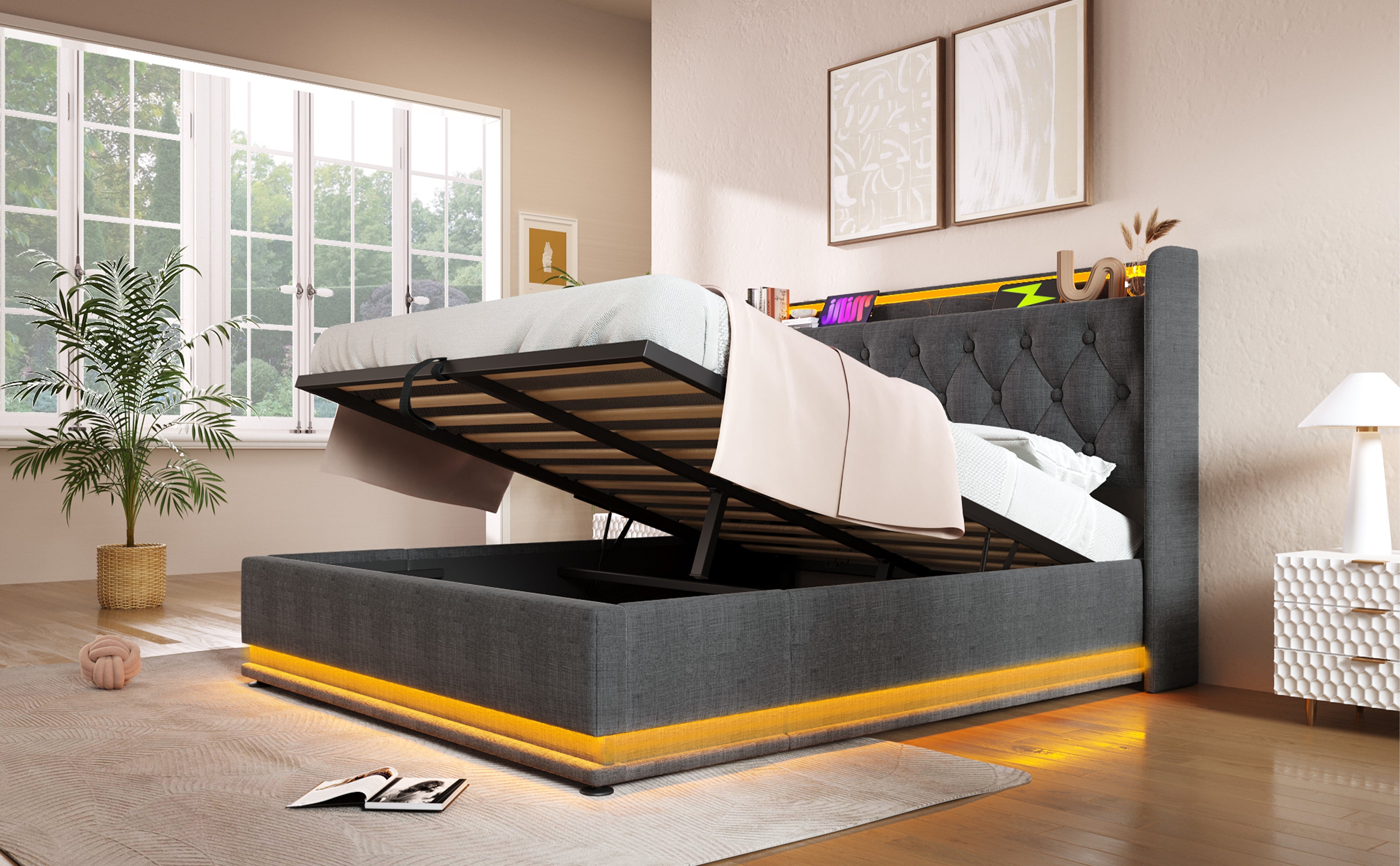 Logidon gestoffeerd bed tweepersoonsbed 160x200 grijs linnen 360 surround LED