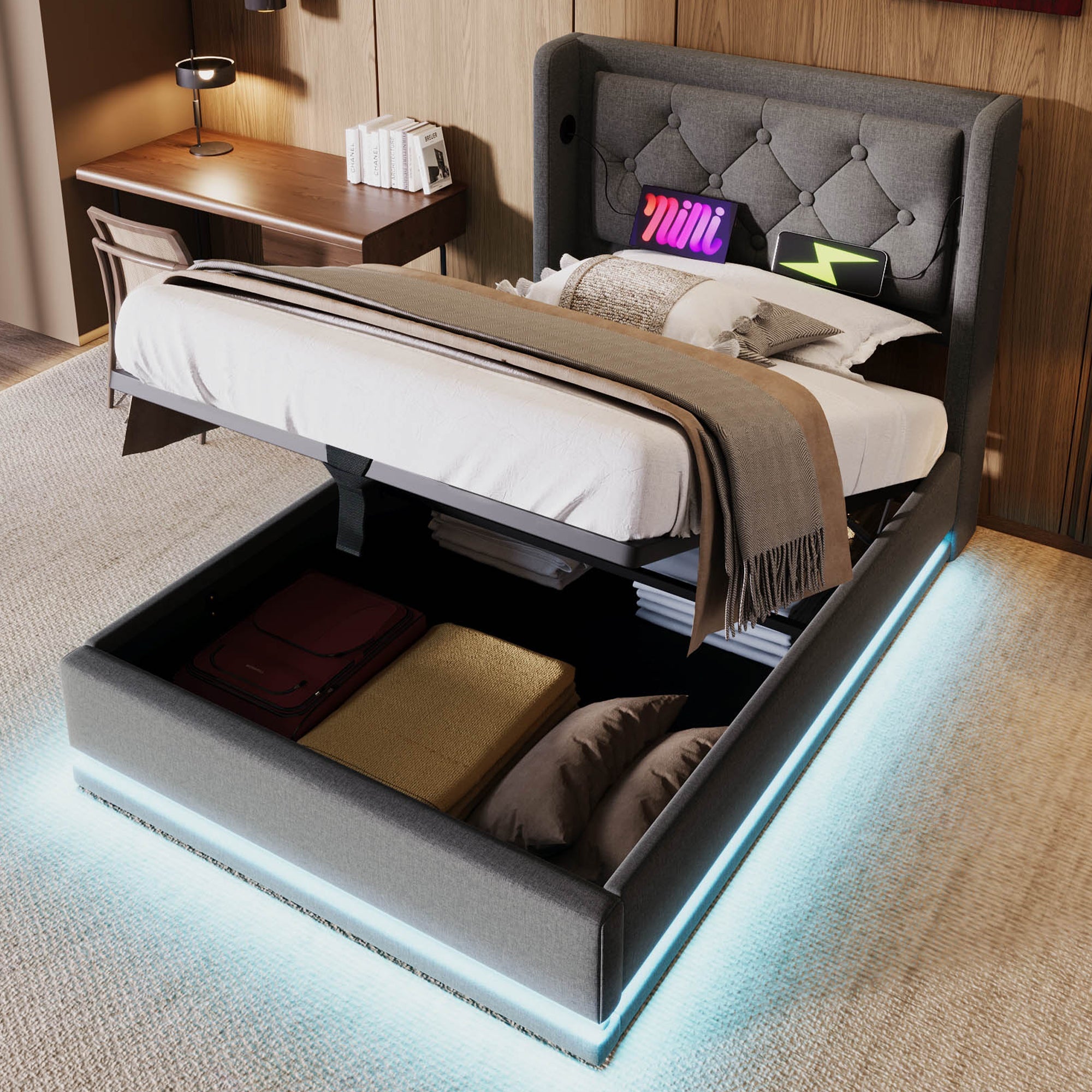 Logidon gestoffeerd bed 90x200 cm grijs met opbergruimte USB C oplaadfunctie LED