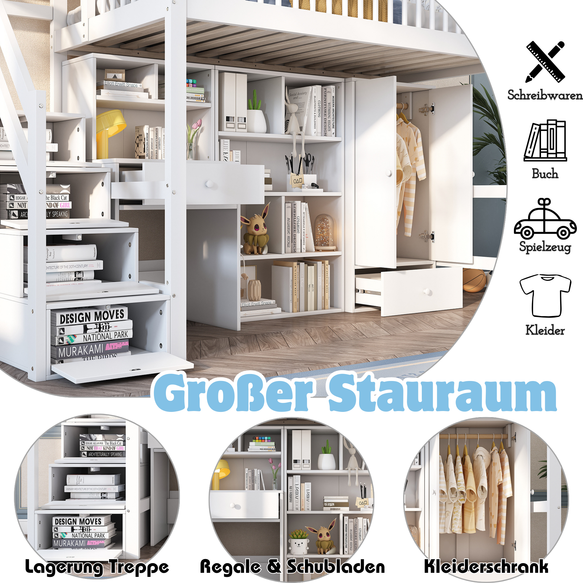 Logidon Kinderbed Loft Met Bureau Opbergruimte 90x200 Wit