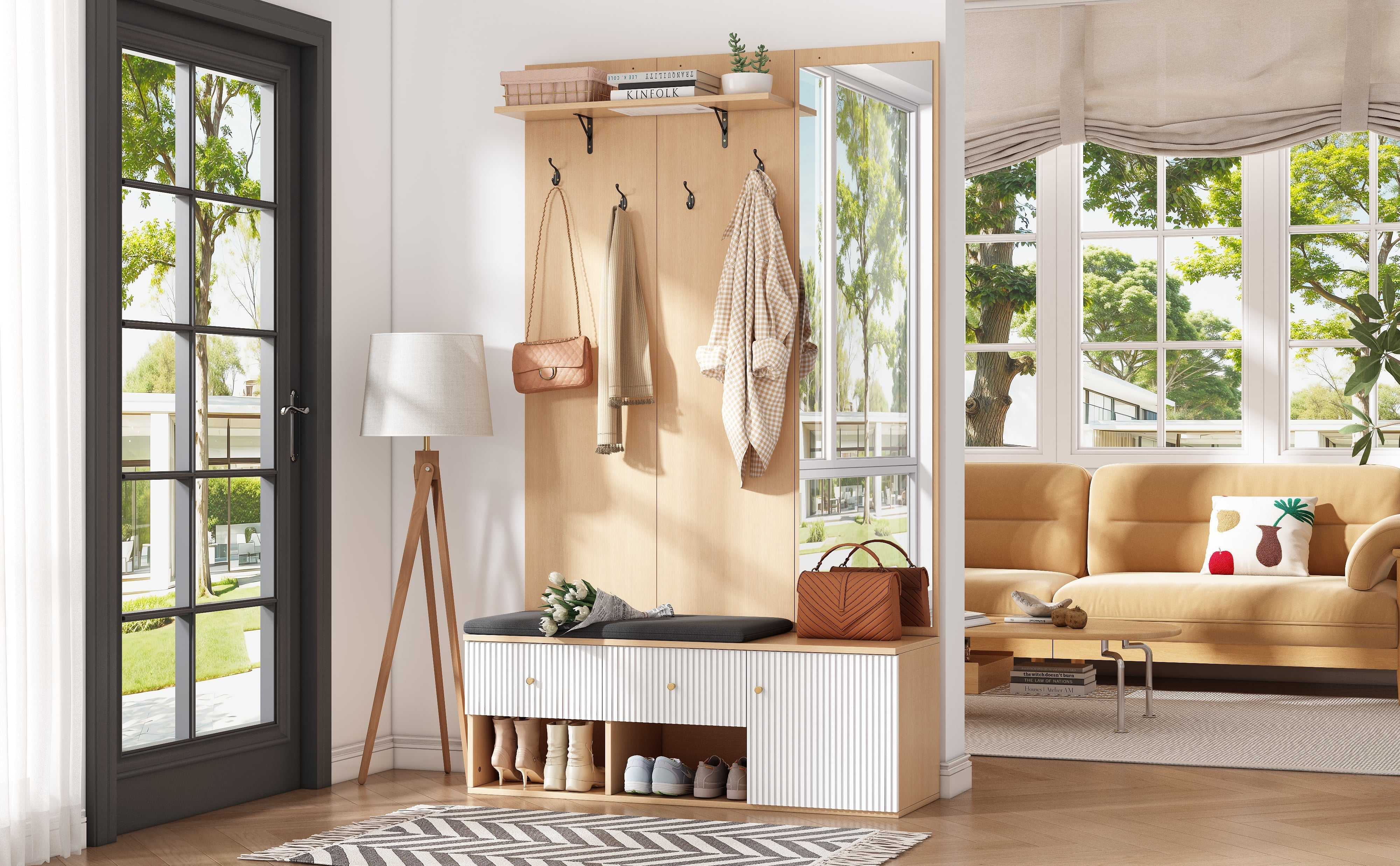 Logidon garderobekast 120x40x200 cm spiegel schoenenbank wit hout