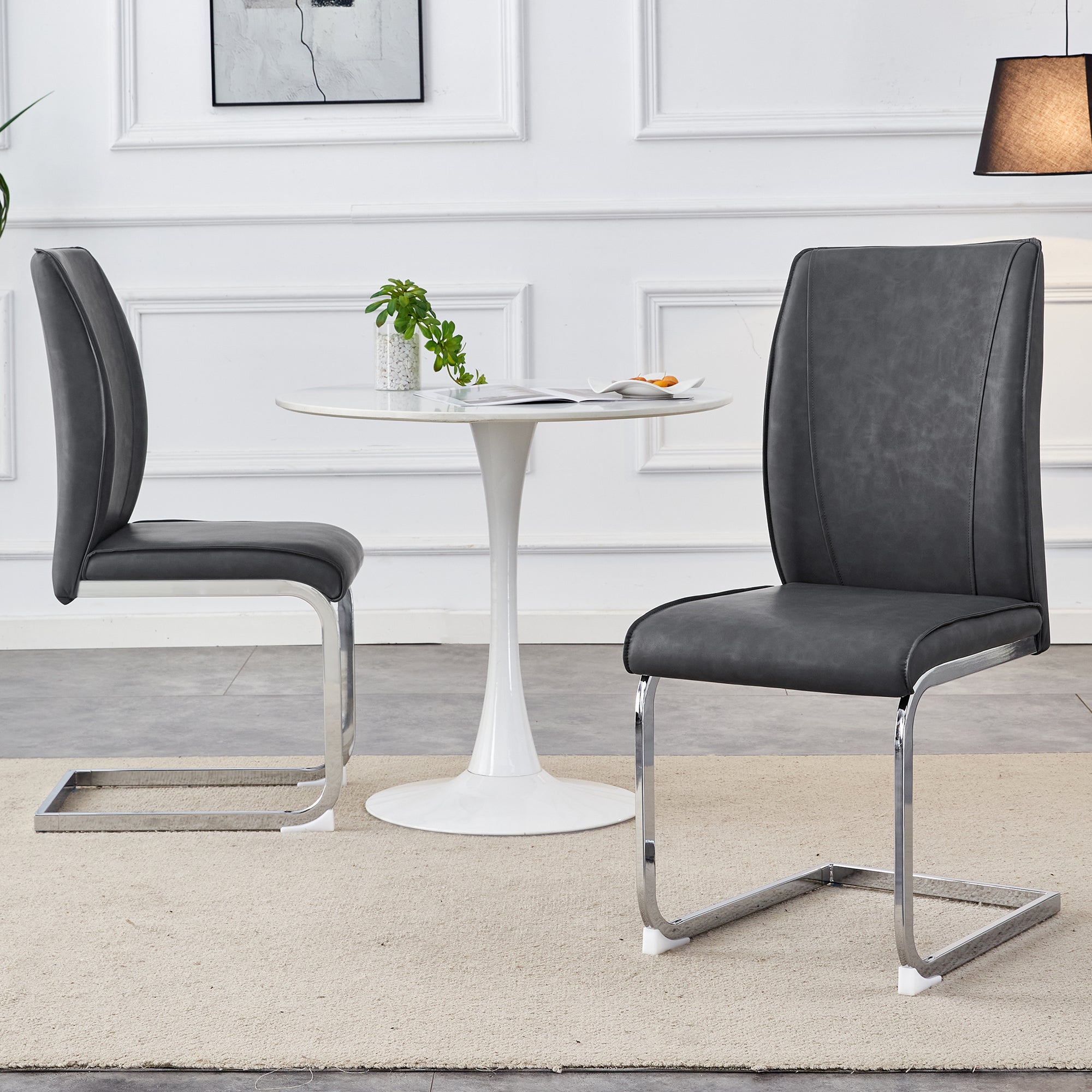Logidon Dining Table Chair Set Gray Faux Leather With Horseskin Texture