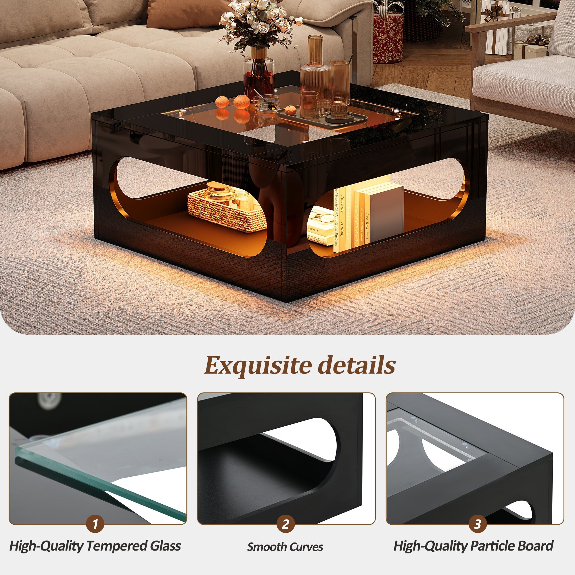 Logidon LED salontafel 70x70 cm vierkant zwart MDF glasblad