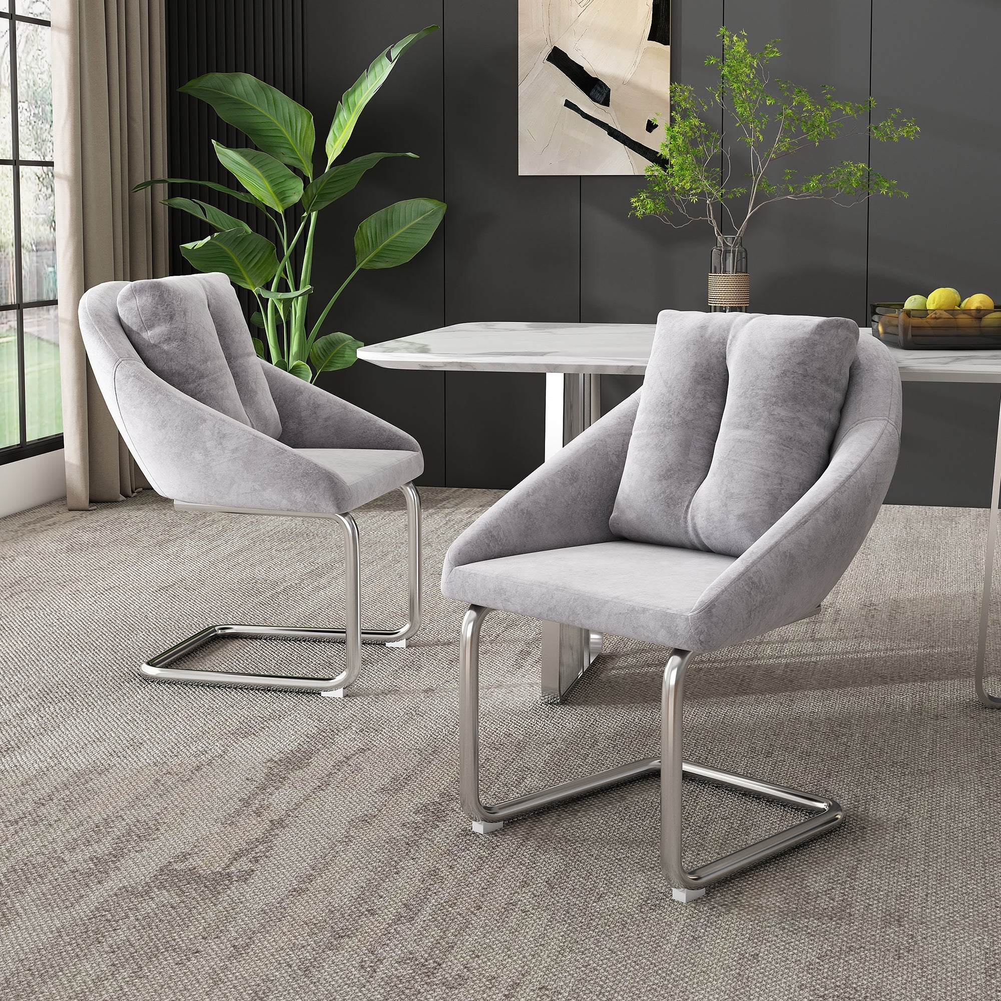 Logidon Grijze Fluwelen Stoelenset Ergonomische Eettafelstoelen Metalen Frame