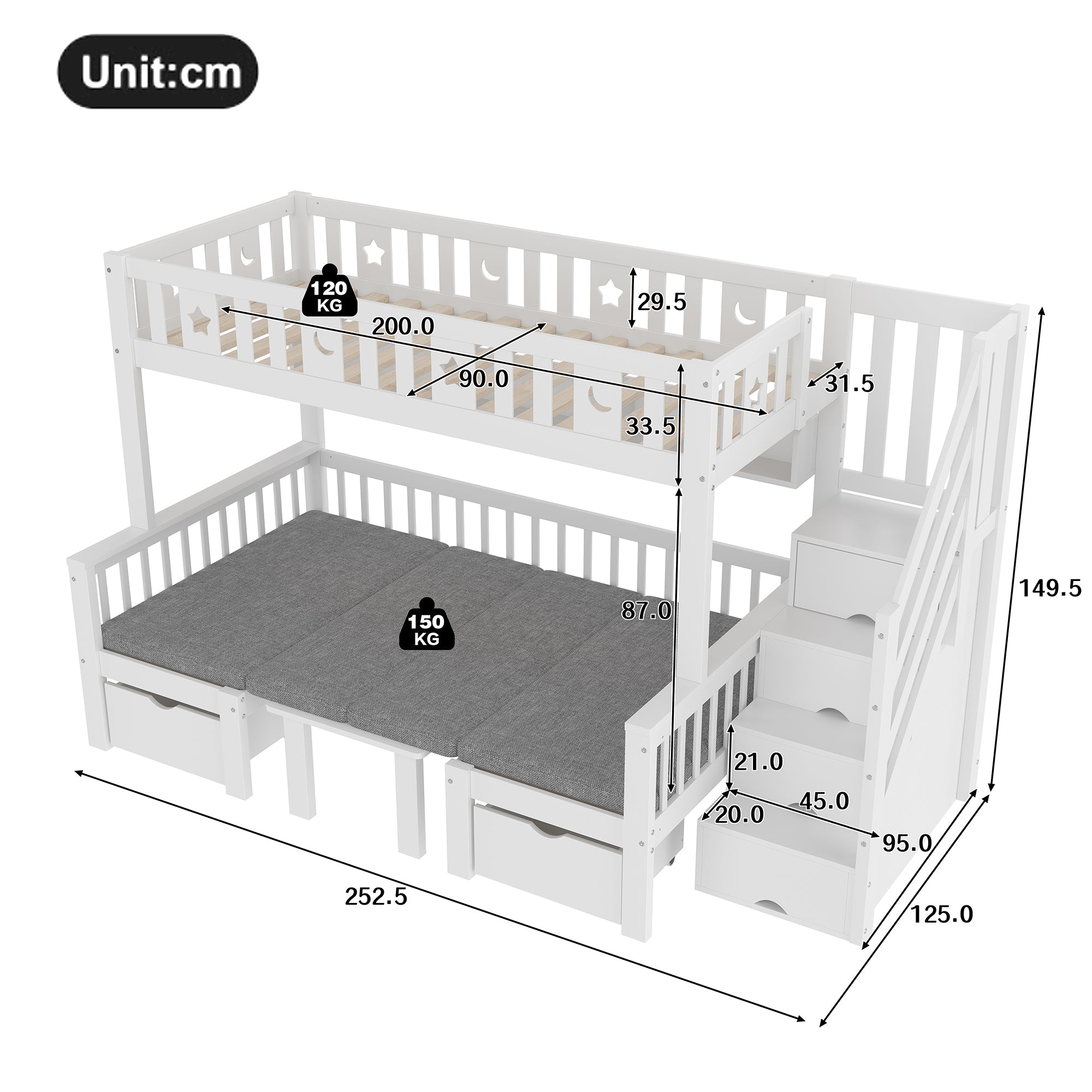 Logidon hoogslaper 90x200 cm wit 2-in-1 bed en bureau